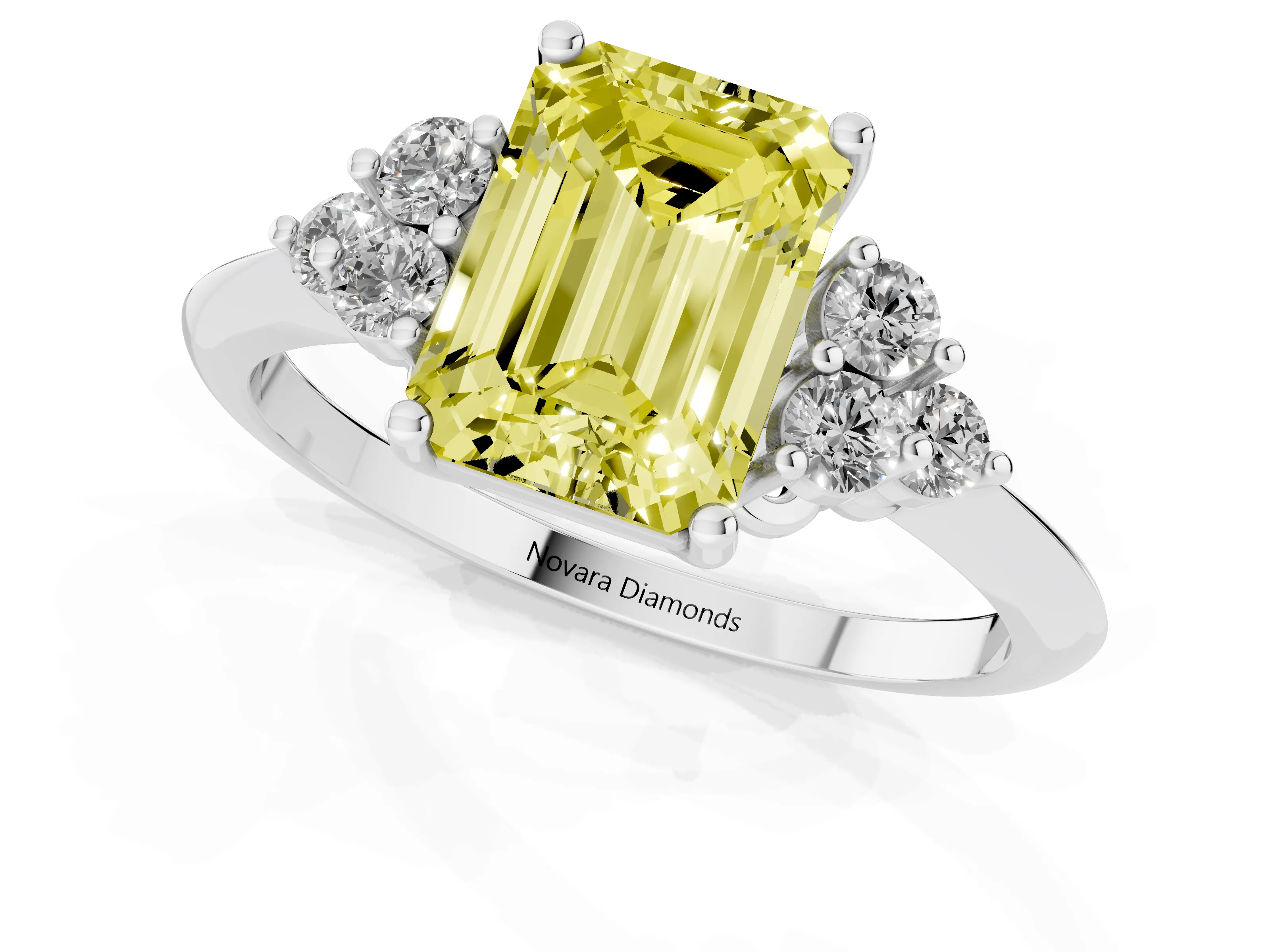 Fancy Yellow Emerald Cut Diamond Cluster Ring Set in Silver with Plain Band and Prong Setting