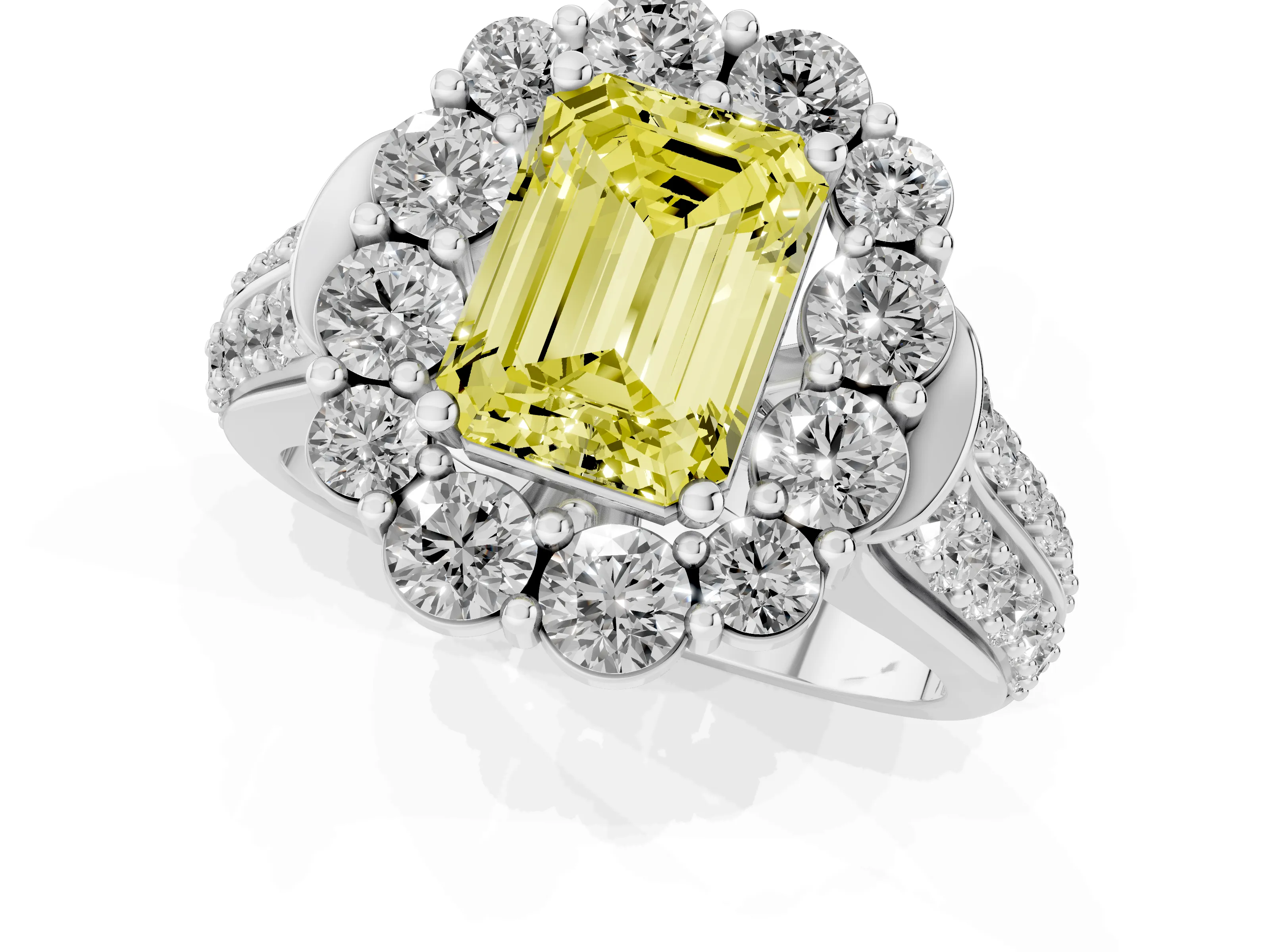 Fancy Yellow Emerald Cut Diamond Halo Engagement Ring Set in Silver with Split Shank and Prong Setting