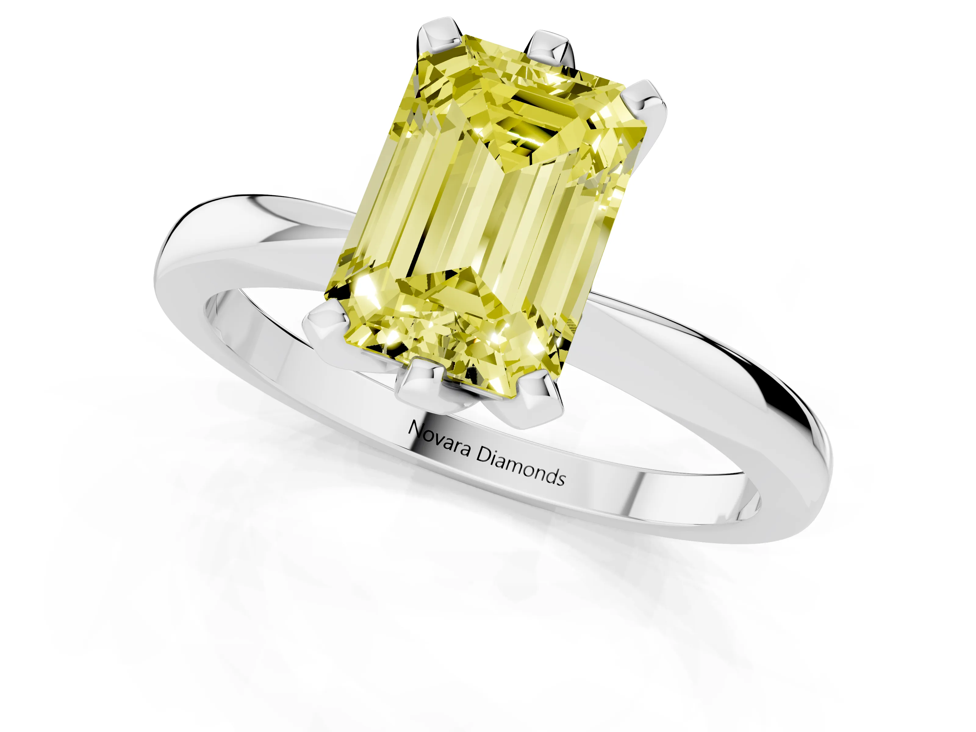 Fancy Yellow Emerald Cut Diamond Solitaire Engagement Ring Set in White gold with Slim Tapered Solitaire Band