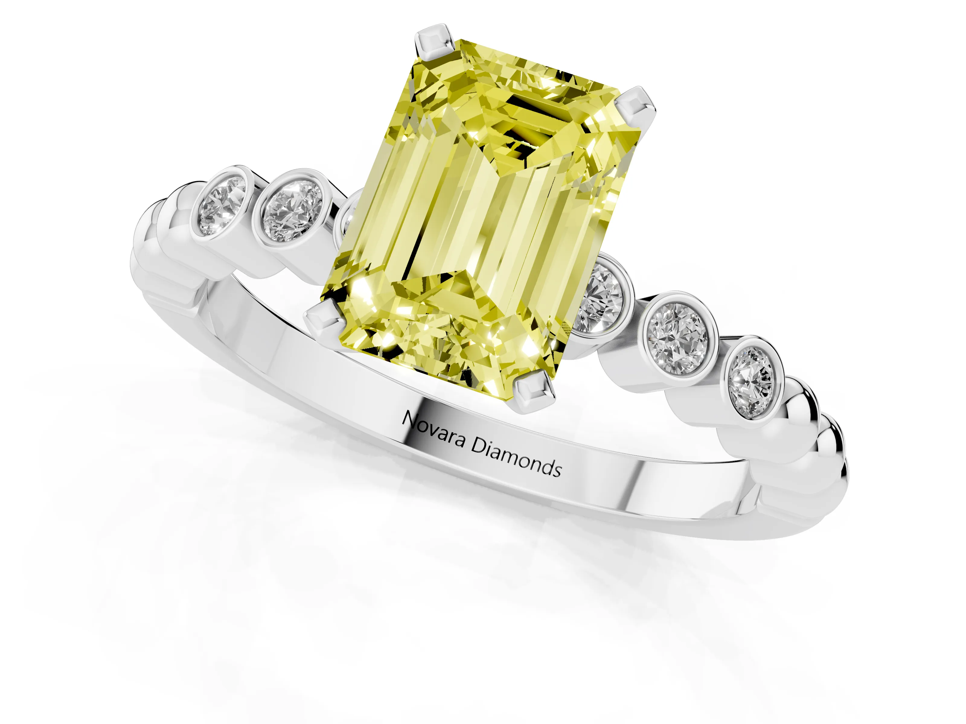 Fancy Yellow Emerald Cut Diamond Solitaire Engagement Ring Set in Silver with Bezel Accents on Beaded Band