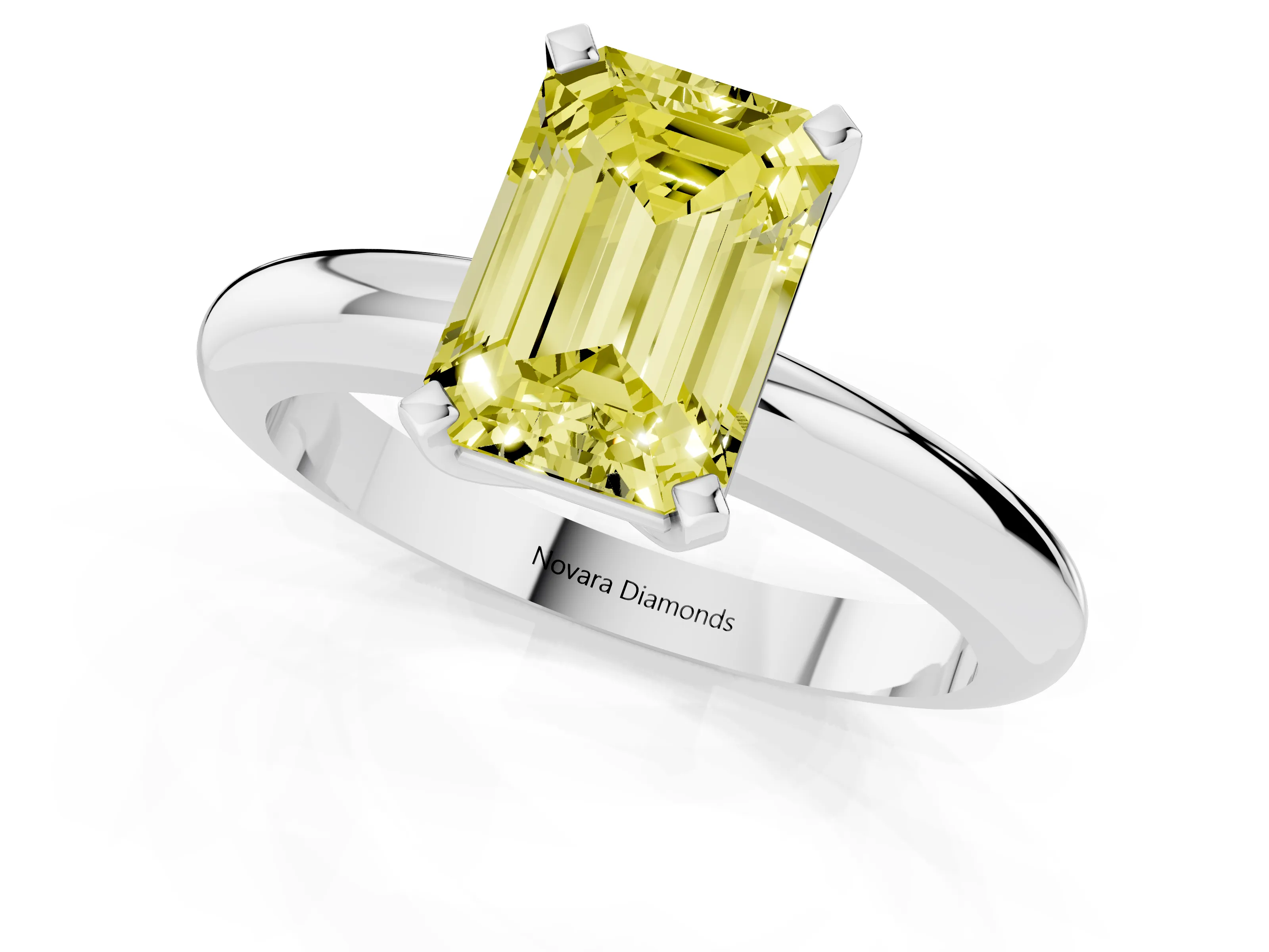 Fancy Yellow Emerald Cut Diamond Solitaire Engagement Ring Set in Platinum with Round Band and Prong Setting