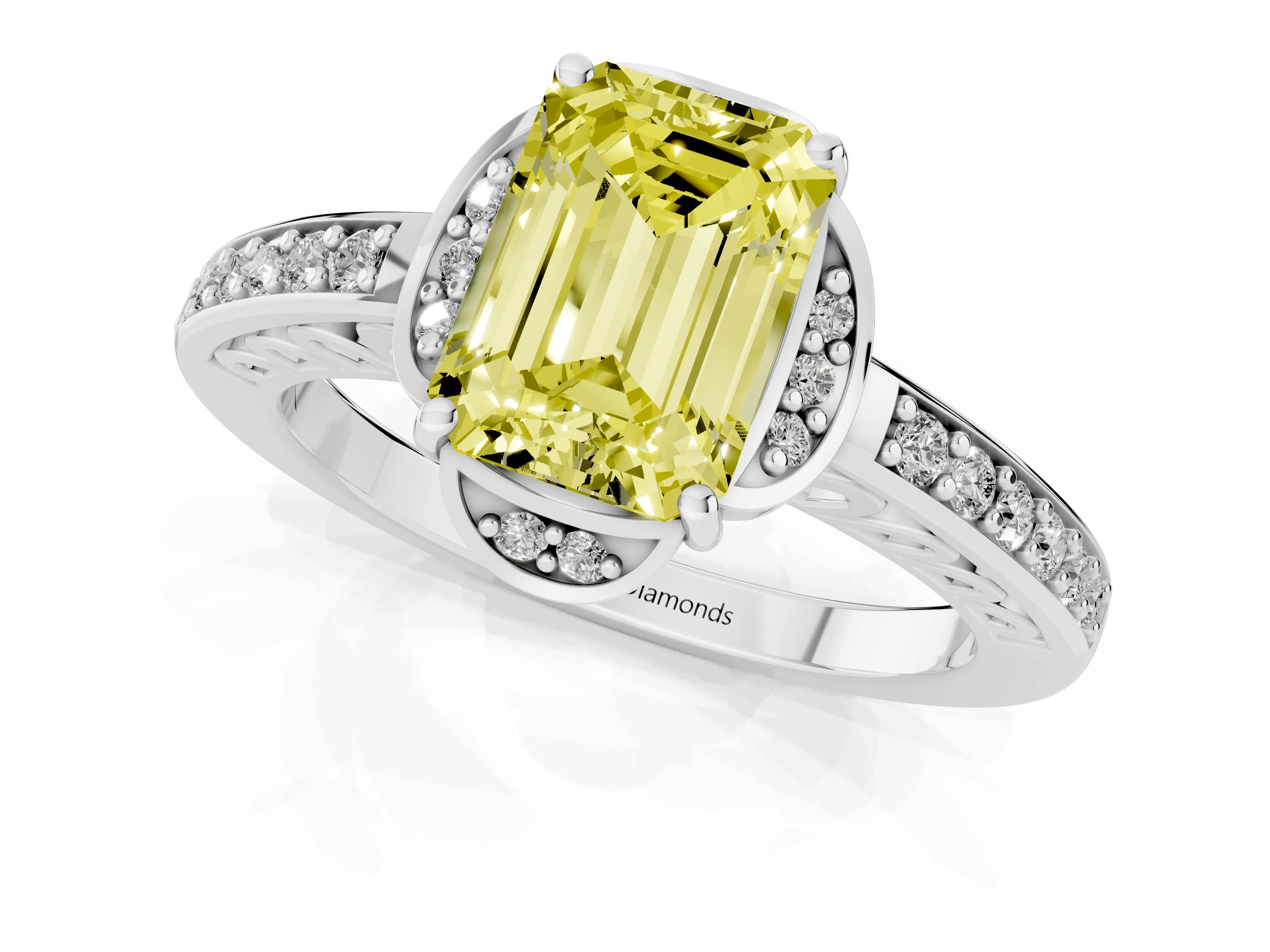 Fancy Yellow Emerald Cut Diamond Halo Ring Set in Platinum with Channel Set Band and Prong Setting – second view