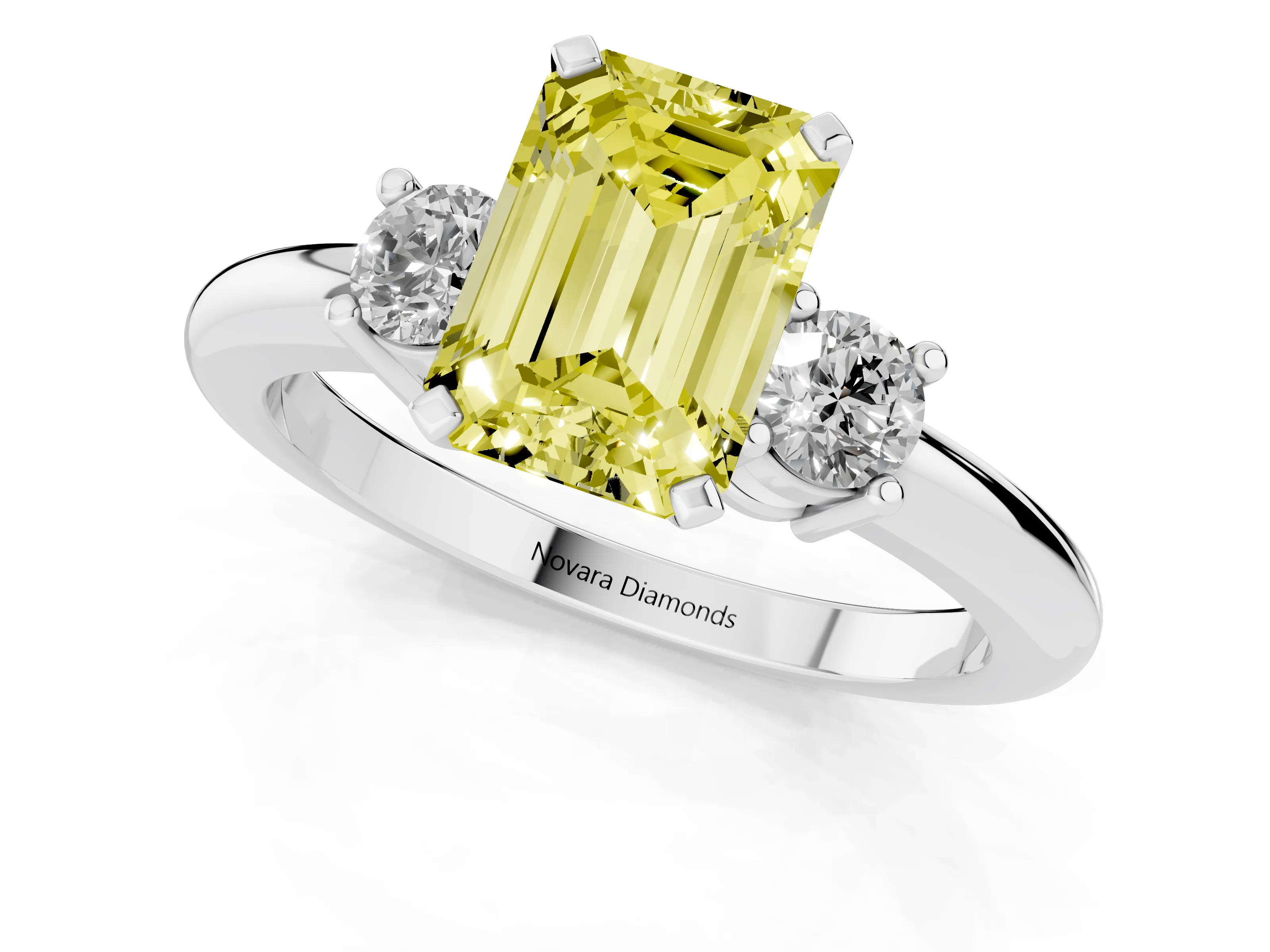 Fancy Yellow Three-Stone Emerald Cut Diamond Ring Set in Silver with Prong Setting and Plain Band