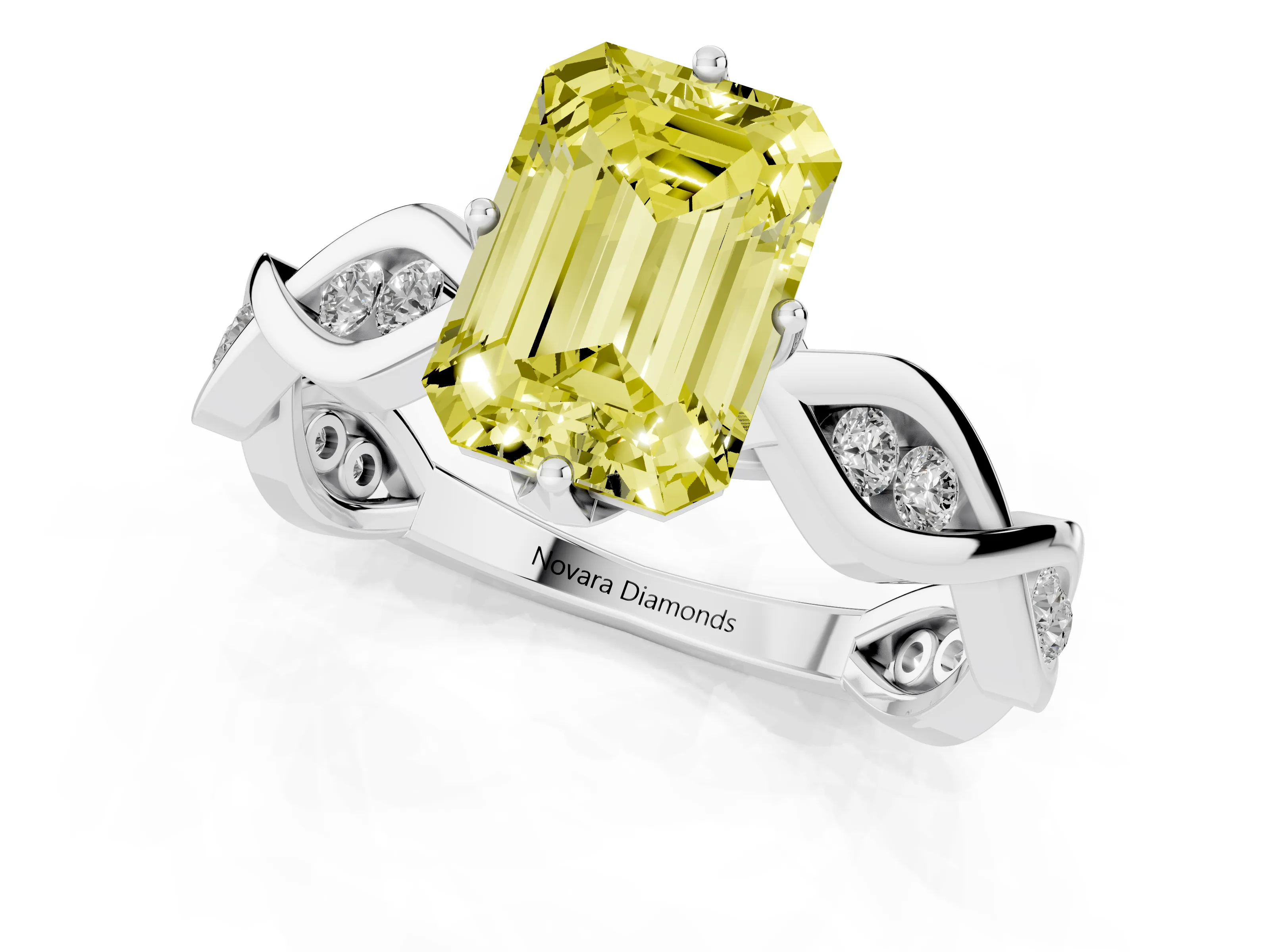 Fancy Yellow Emerald Cut Diamond Twist Band Solitaire Ring Set in Platinum with Leaf Prong Setting and Accent Stones