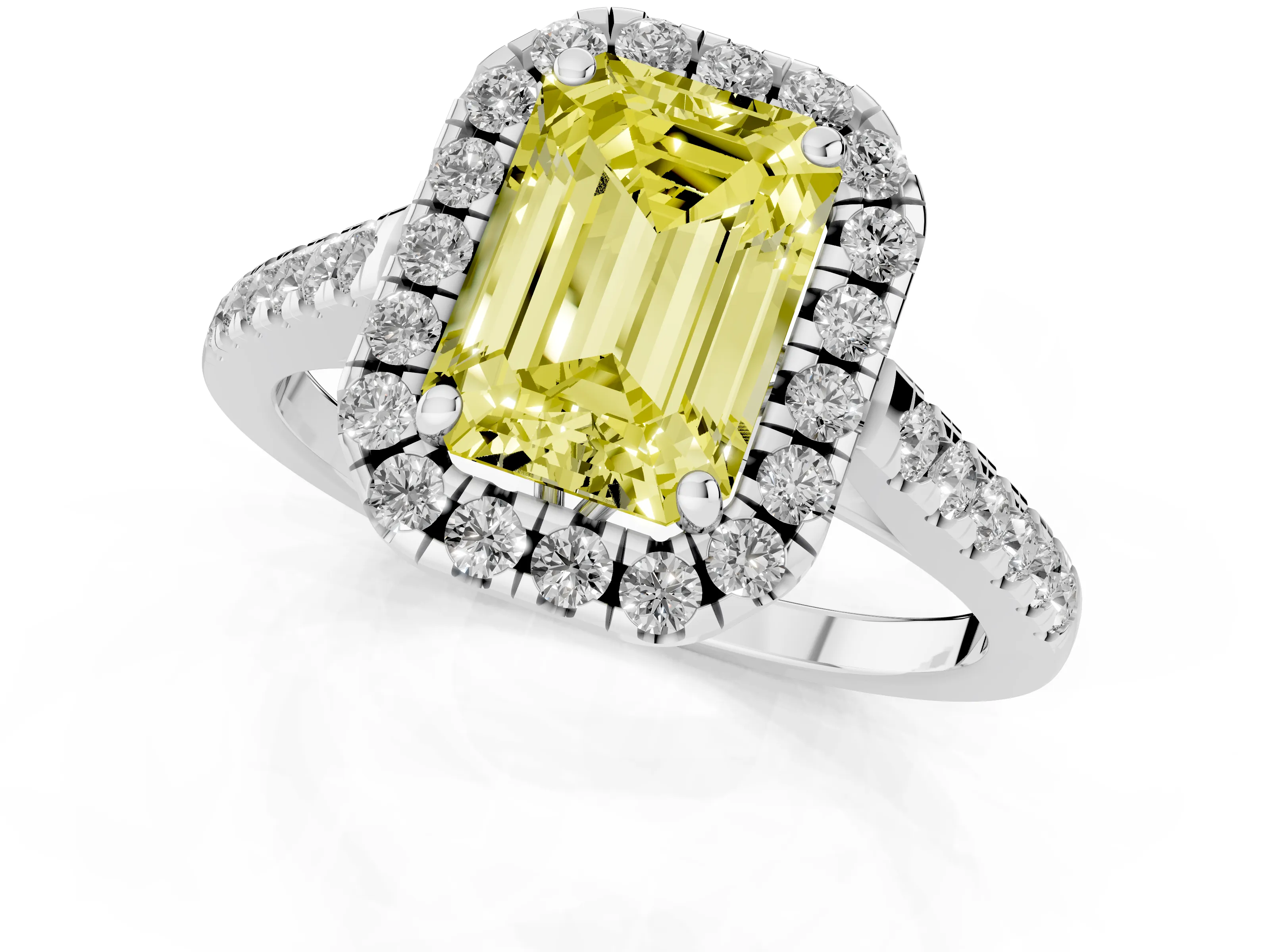 Fancy Yellow Emerald Cut Diamond Pavé Halo Engagement Ring Set in White gold with Pavé Band and Prong Setting