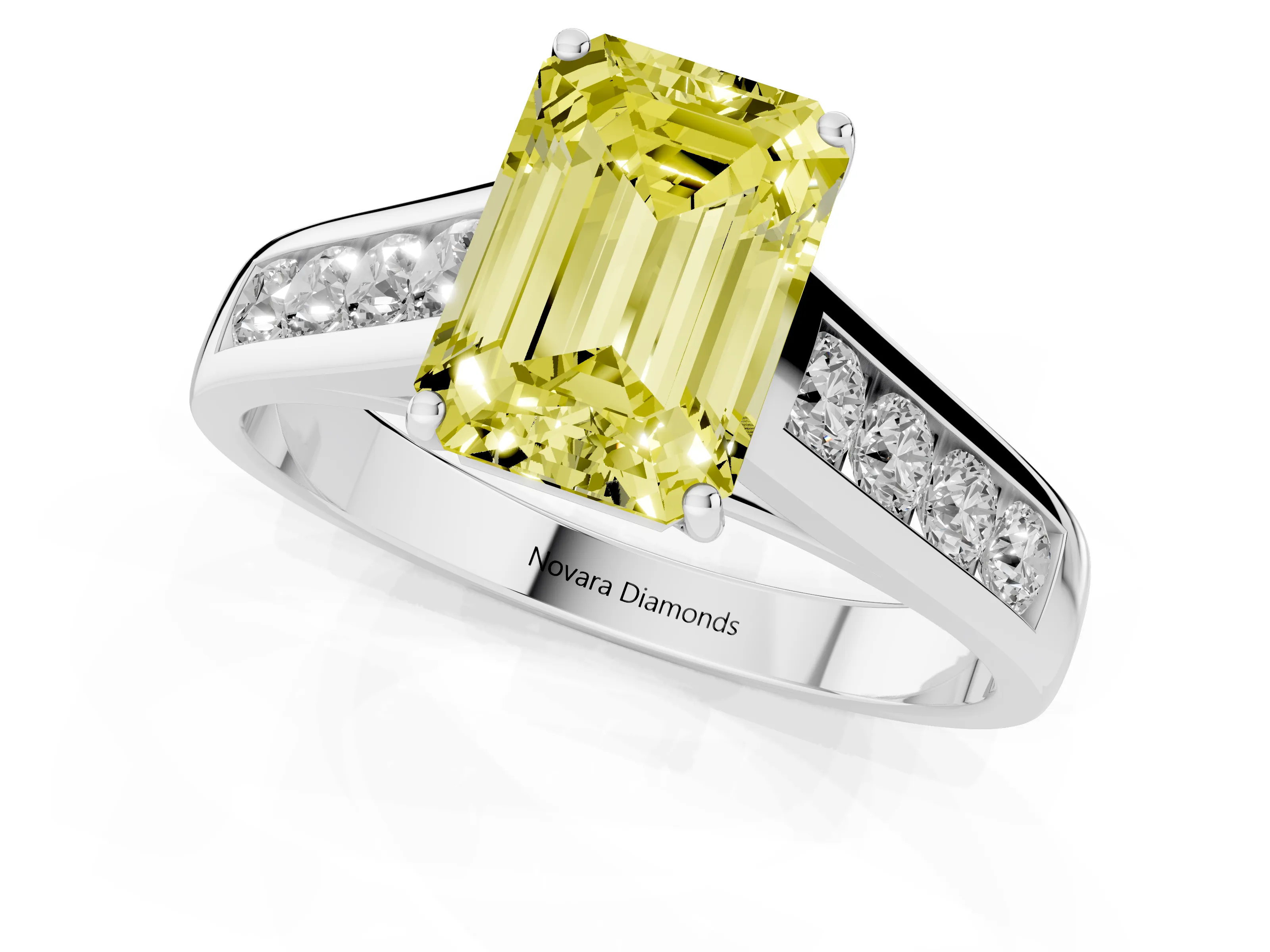 Fancy Yellow Emerald Cut Diamond Brilliant Channel-Set Solitaire Ring Set in White gold with Prong Setting