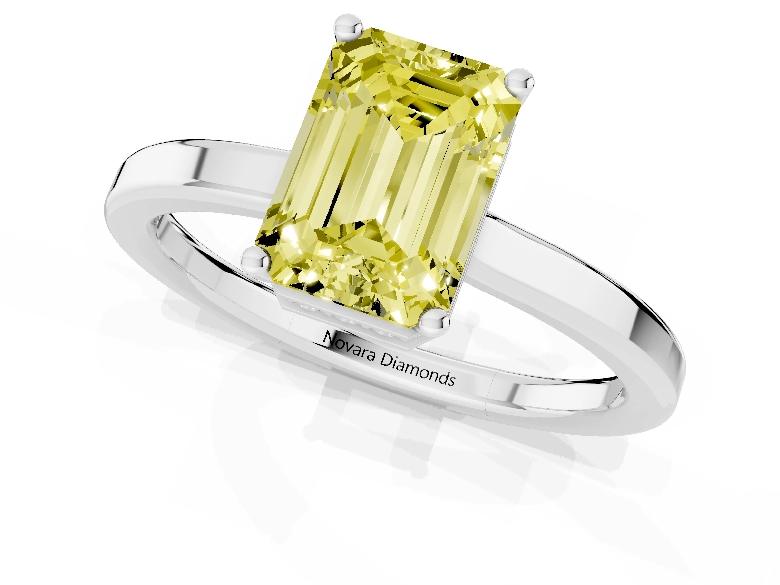 Fancy Yellow Emerald Cut Diamond Solitaire Engagement Ring Set in Platinum with Prong Setting on a Plain Band