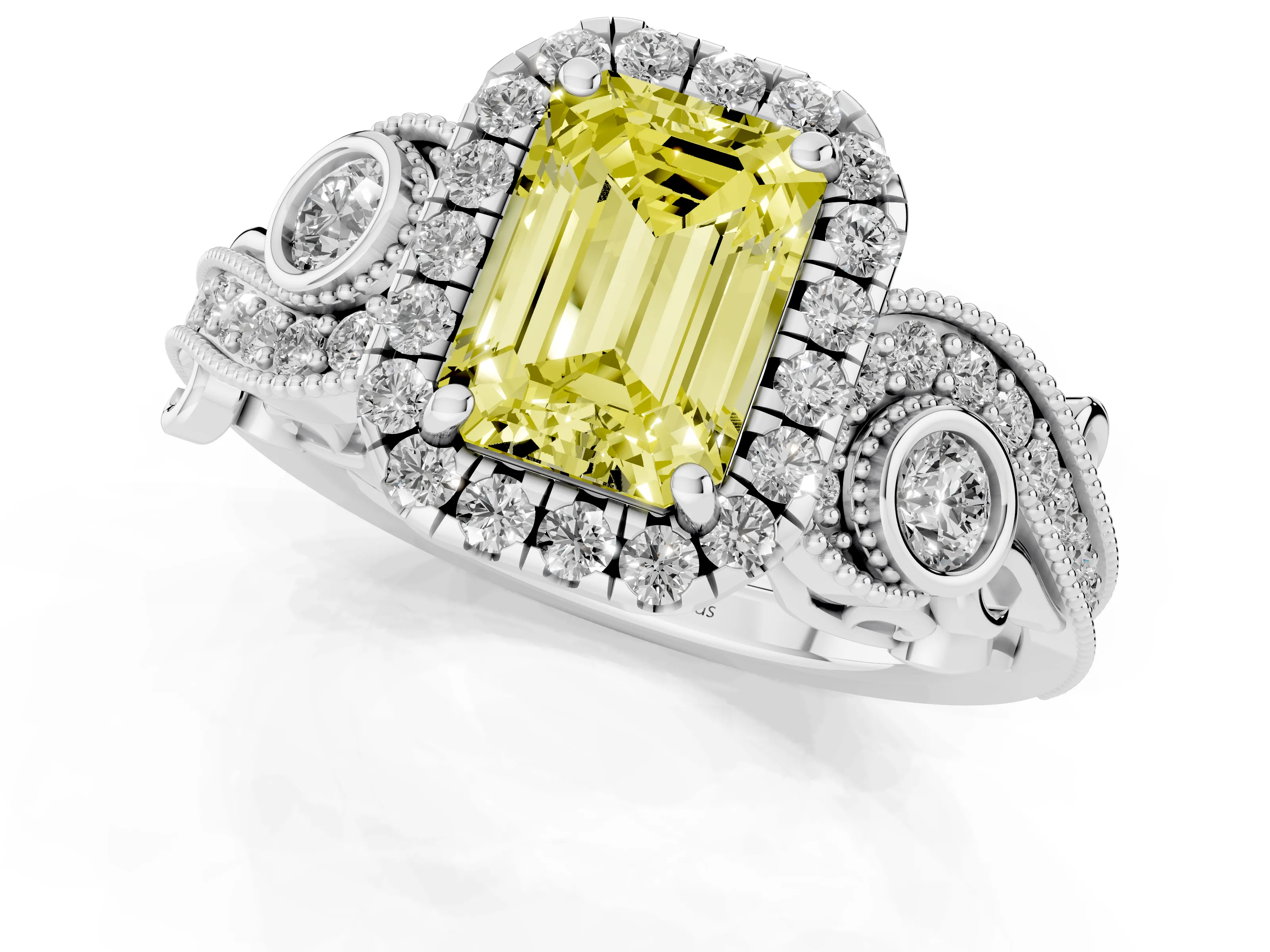 Fancy Yellow Emerald Cut Diamond Halo Ring Set in Silver with Milgrain Pavé Band and Prong Setting