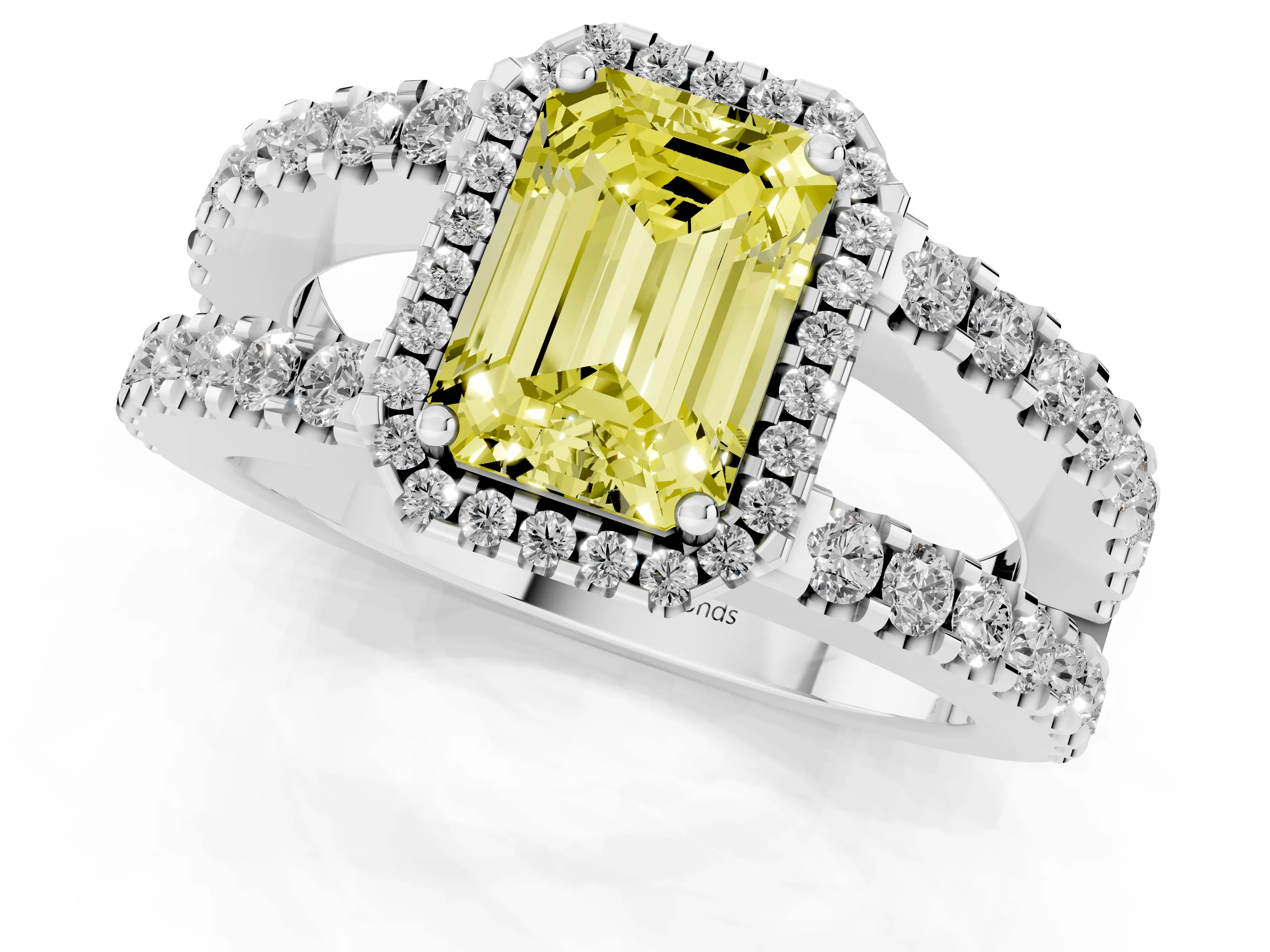 Fancy Yellow Emerald Cut Diamond Halo Ring Set in Platinum with Pavé Split Shank and Prong Setting