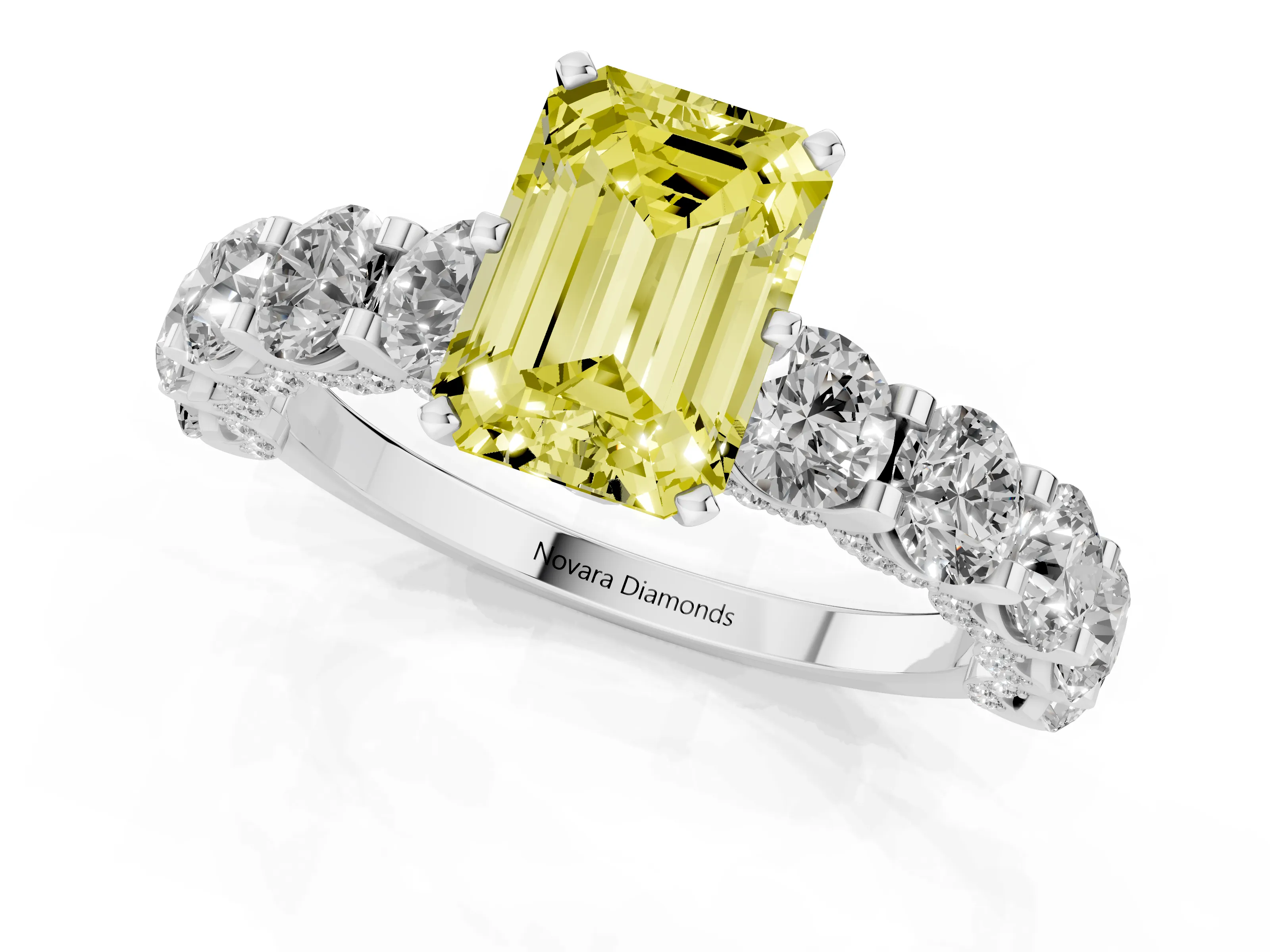 Fancy Yellow Emerald Cut Diamond Side Stone Ring Set in Silver with Alternating Round and Oval Side Stones – second view
