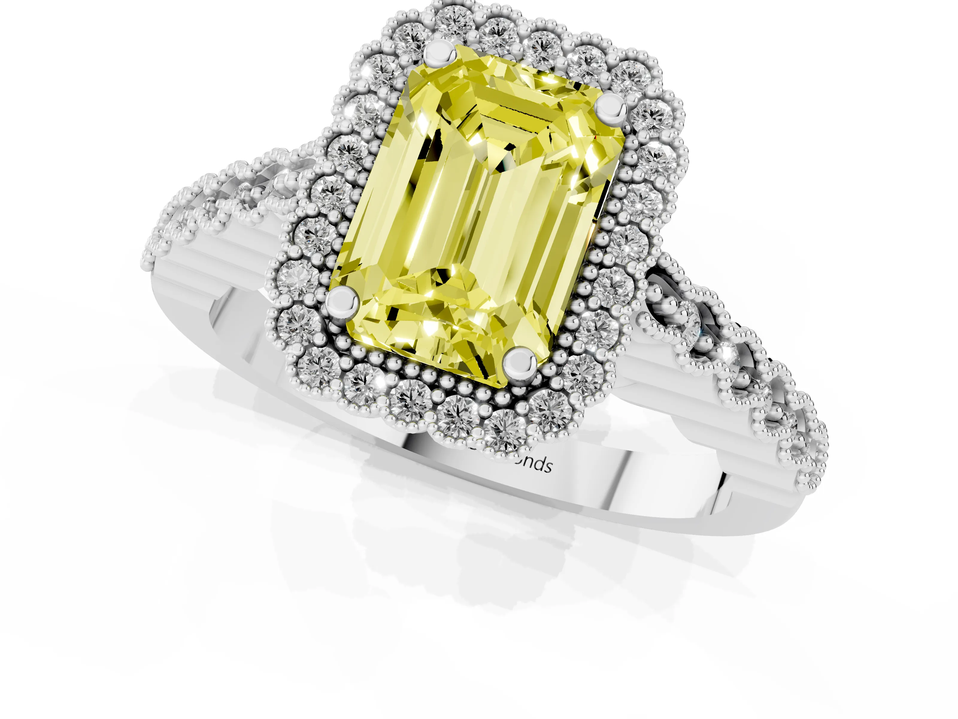 Fancy Yellow Emerald Cut Diamond Halo Ring Set in White gold with Pavé Milgrain Band