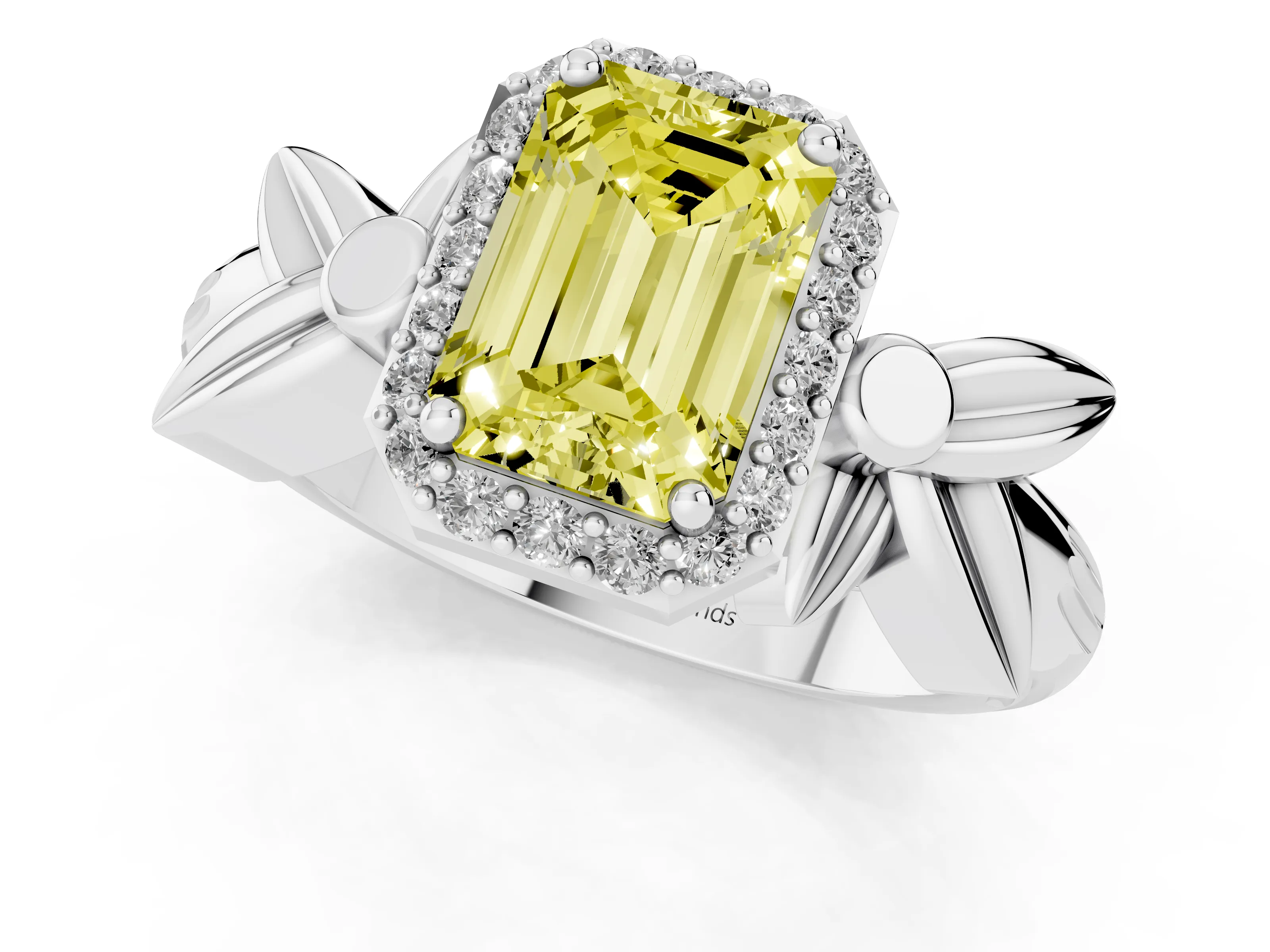 Fancy Yellow Emerald Cut Diamond Halo Floral Band Ring Set in Platinum with Prong Setting