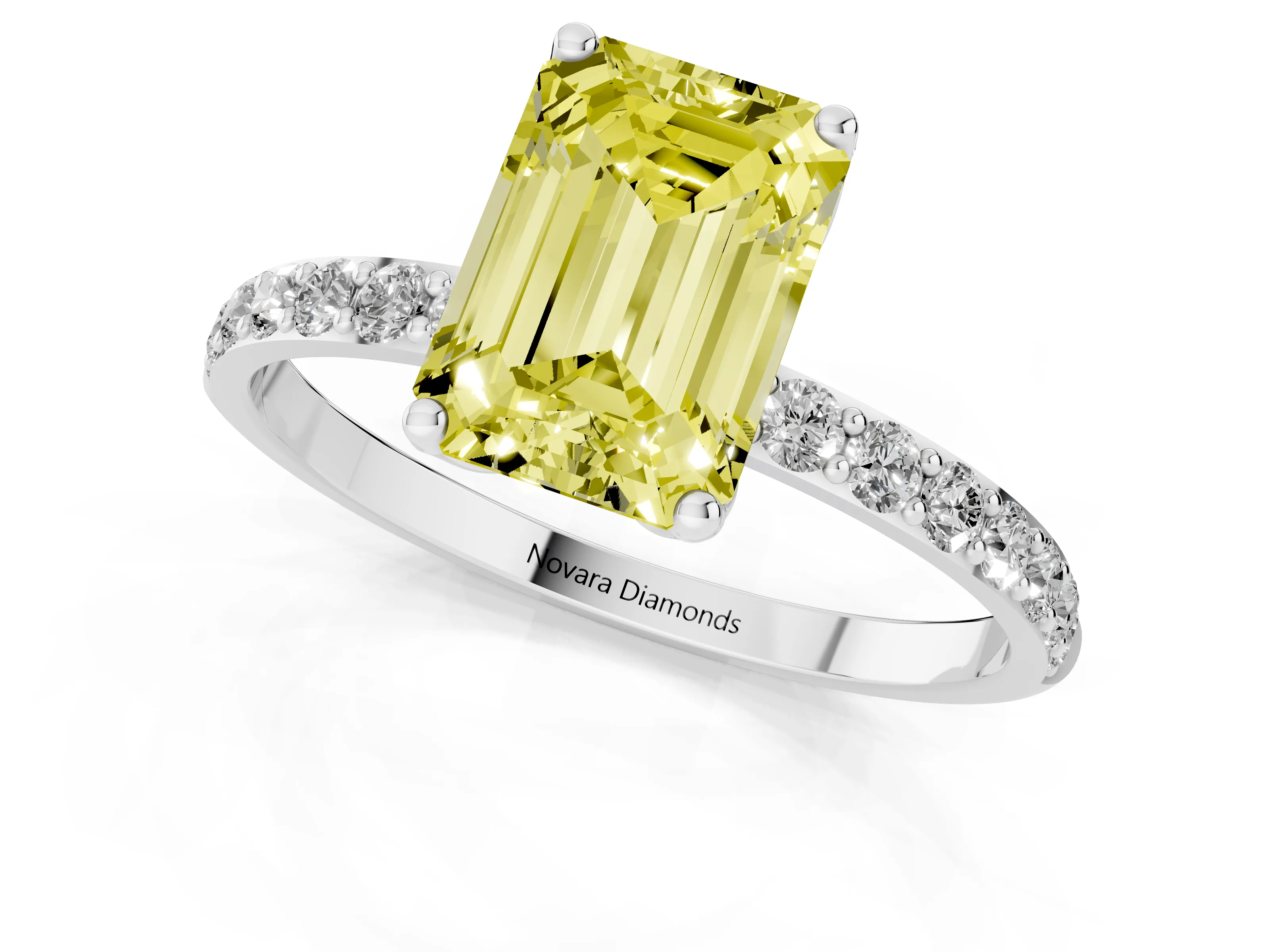 Fancy Yellow Emerald Cut Diamond Solitaire Engagement Ring Set in White gold with Round Pavé Band and Prong Setting