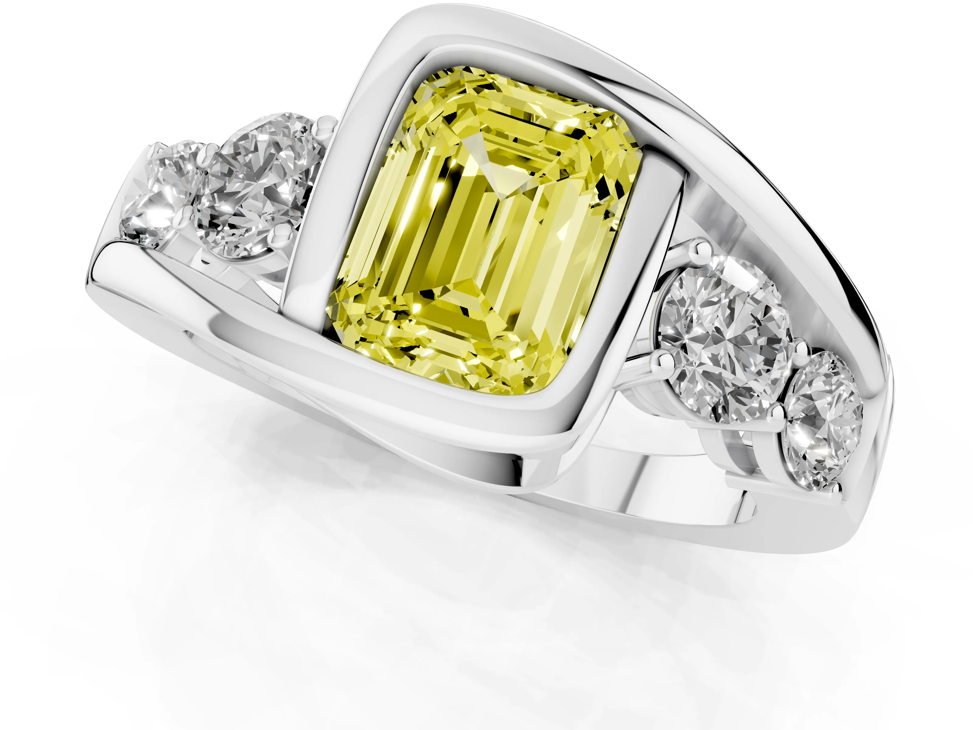 Fancy Yellow Emerald Cut Diamond Bezel Bypass Ring Set in Silver with Round Accents