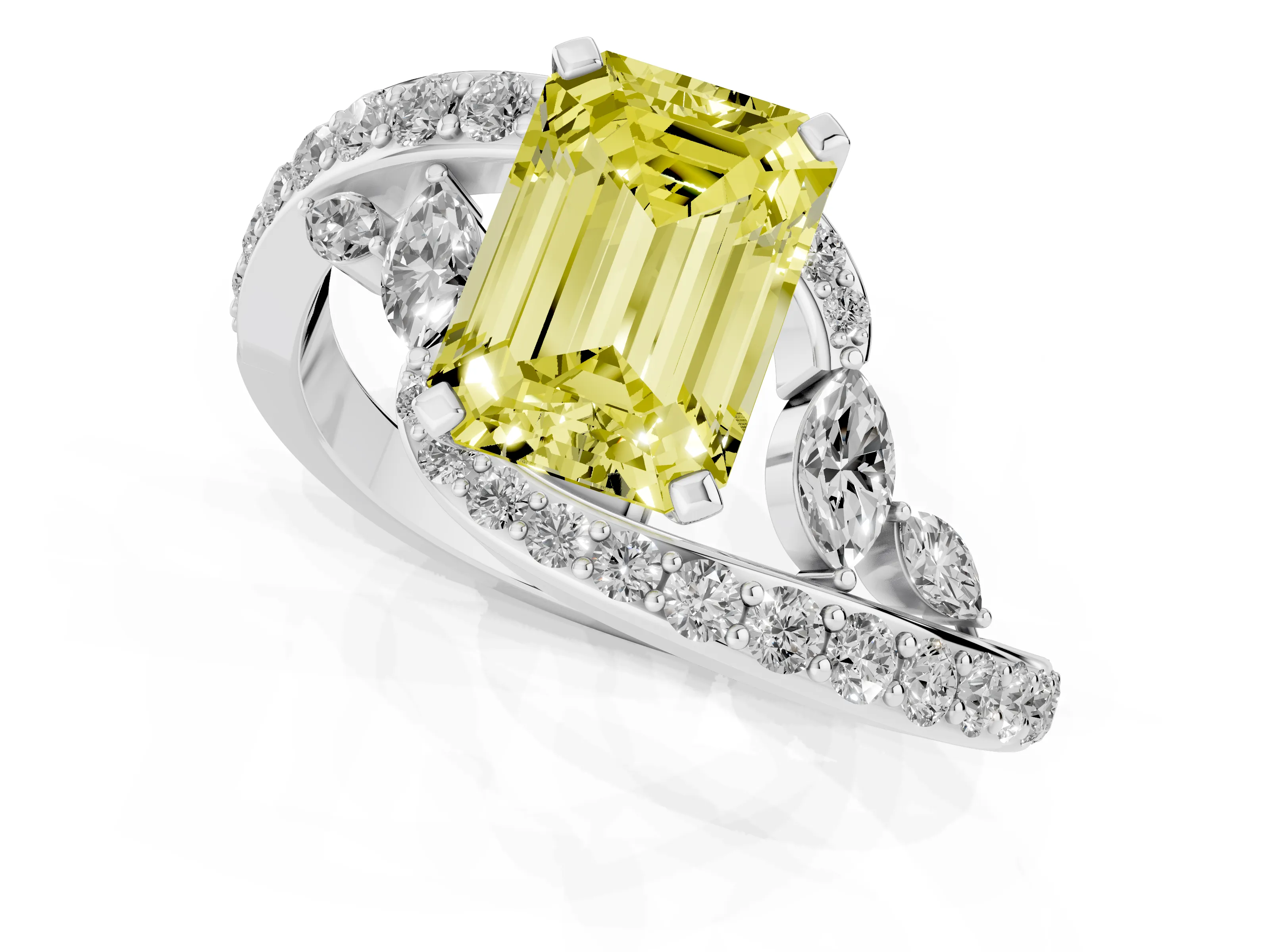 Fancy Yellow Emerald Cut Diamond Solitaire Ring Set in White gold with Pavé Twist Band and Secure Prong Setting