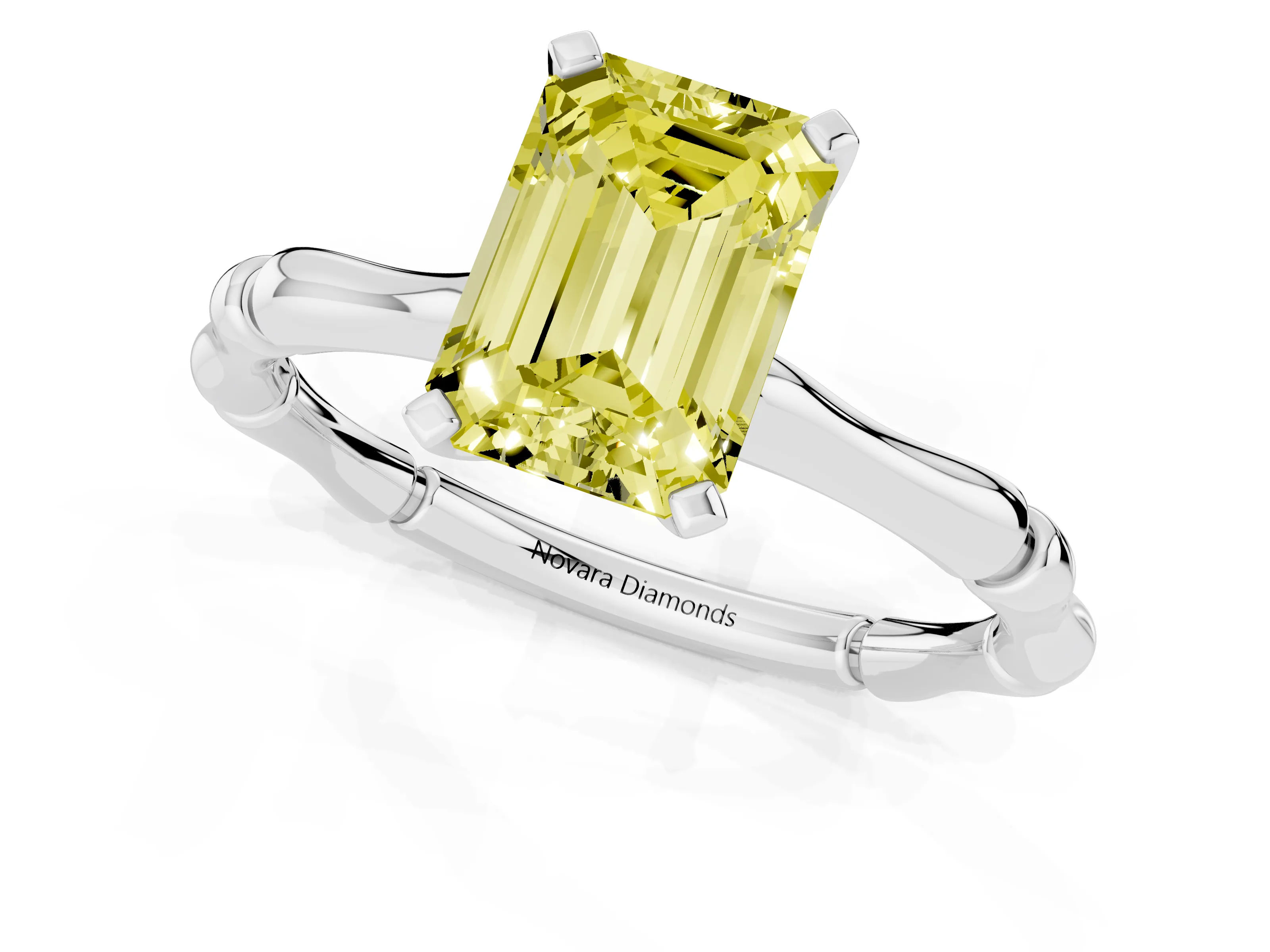 Fancy Yellow Emerald Cut Diamond Solitaire Ring Set in Platinum with Bamboo Band and Prong Setting