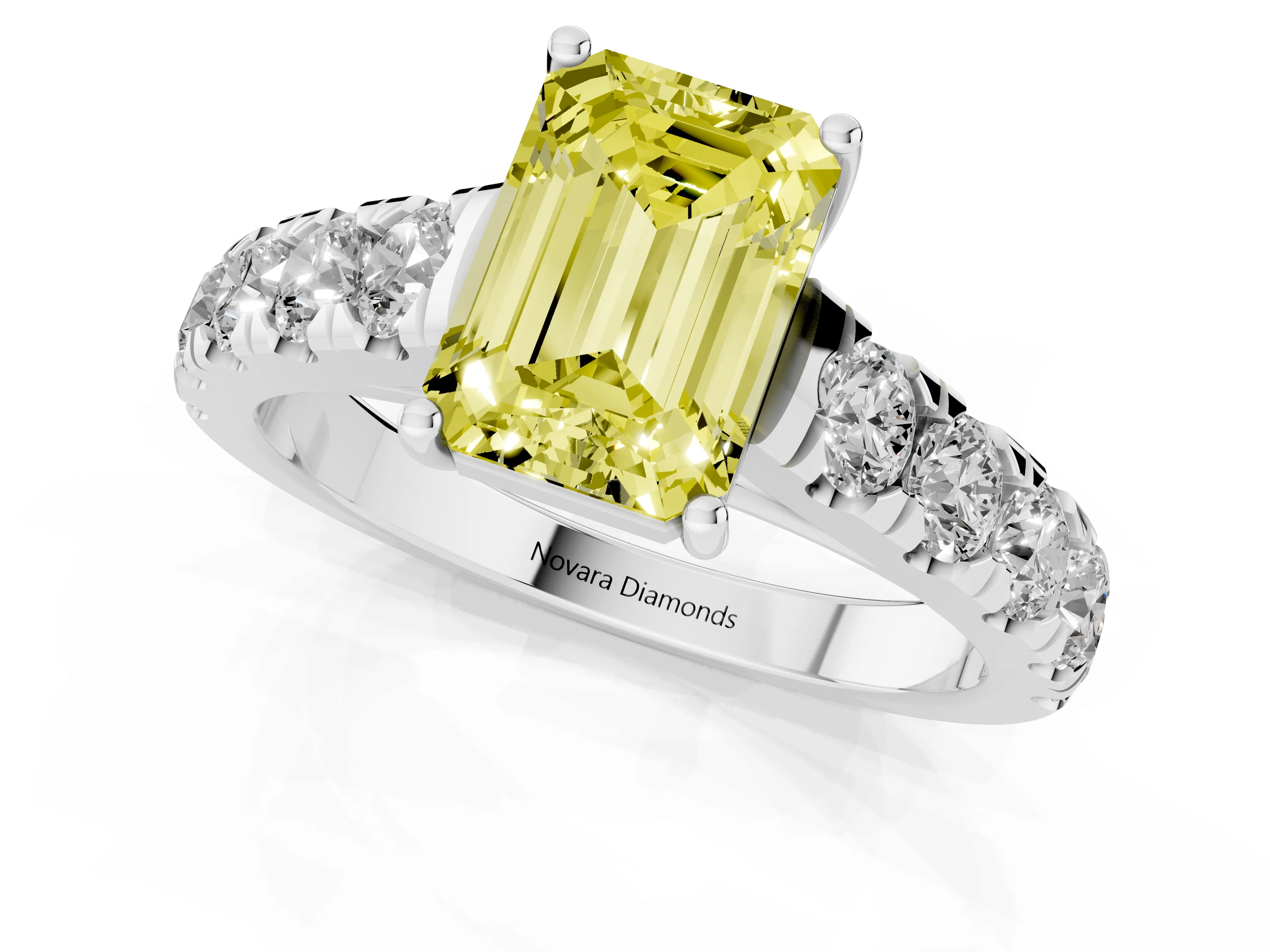 Fancy Yellow Emerald Cut Diamond Solitaire Ring Set in Silver with Cut-Down Micro Pavé Band and Prong Setting
