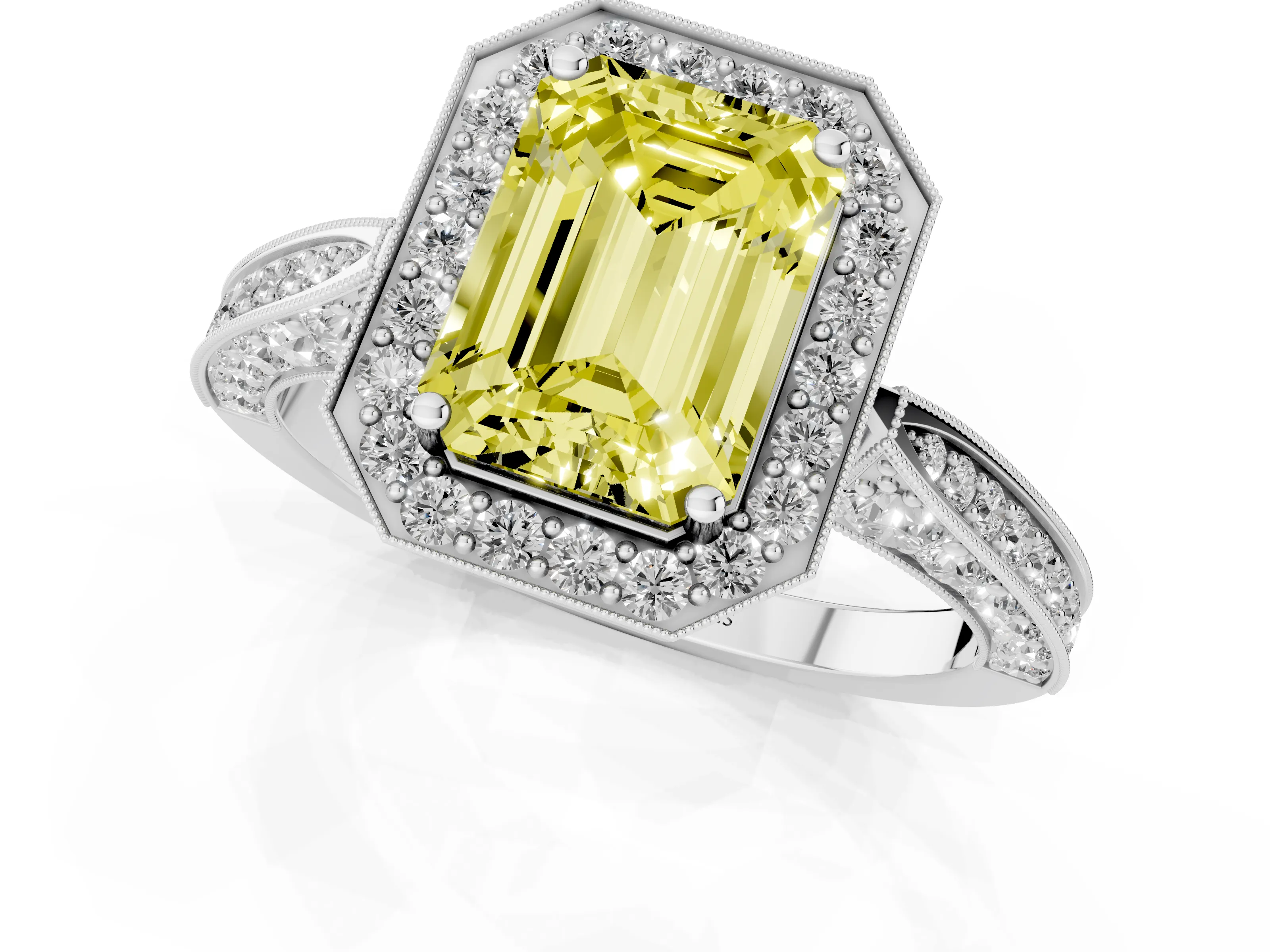 Fancy Yellow Emerald Cut Diamond Halo Engagement Ring Set in Platinum with Accent Split Shank Band