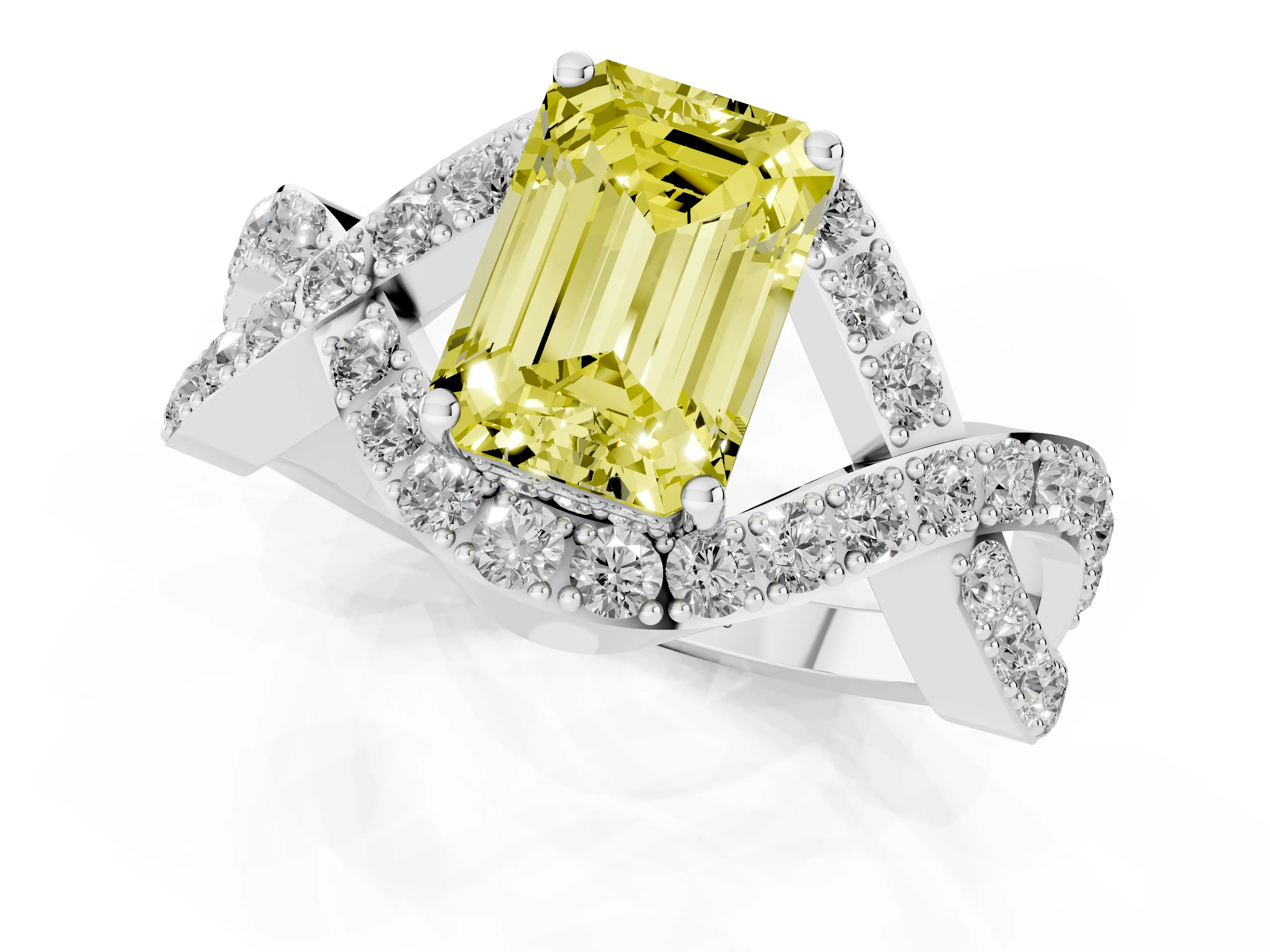 Fancy Yellow Emerald Cut Diamond Solitaire Twist Band Pavé Engagement Ring Set in Platinum