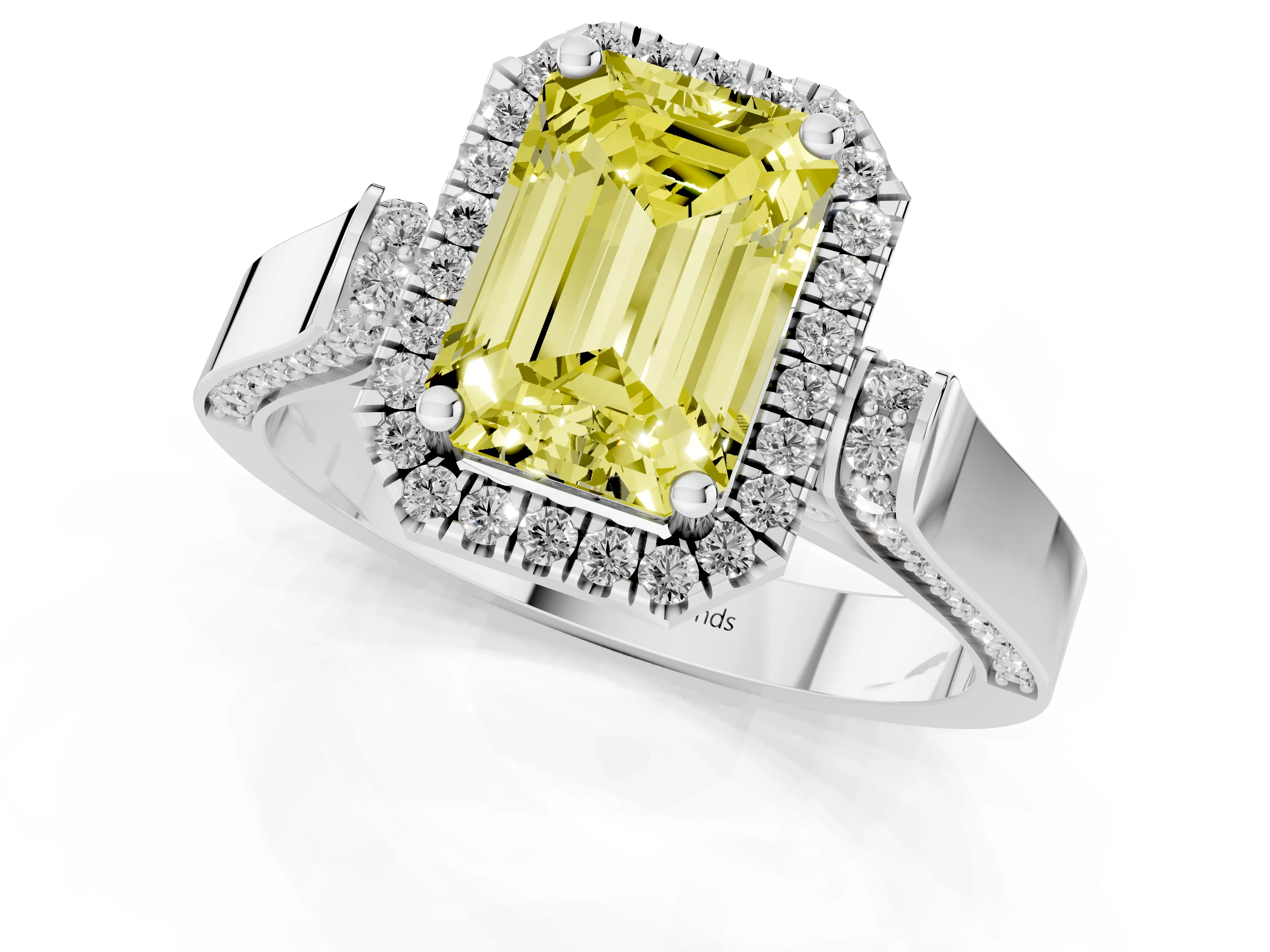 Fancy Yellow Emerald Cut Diamond Halo Ring Set in Silver with Pavé-Lined Split Shank Band