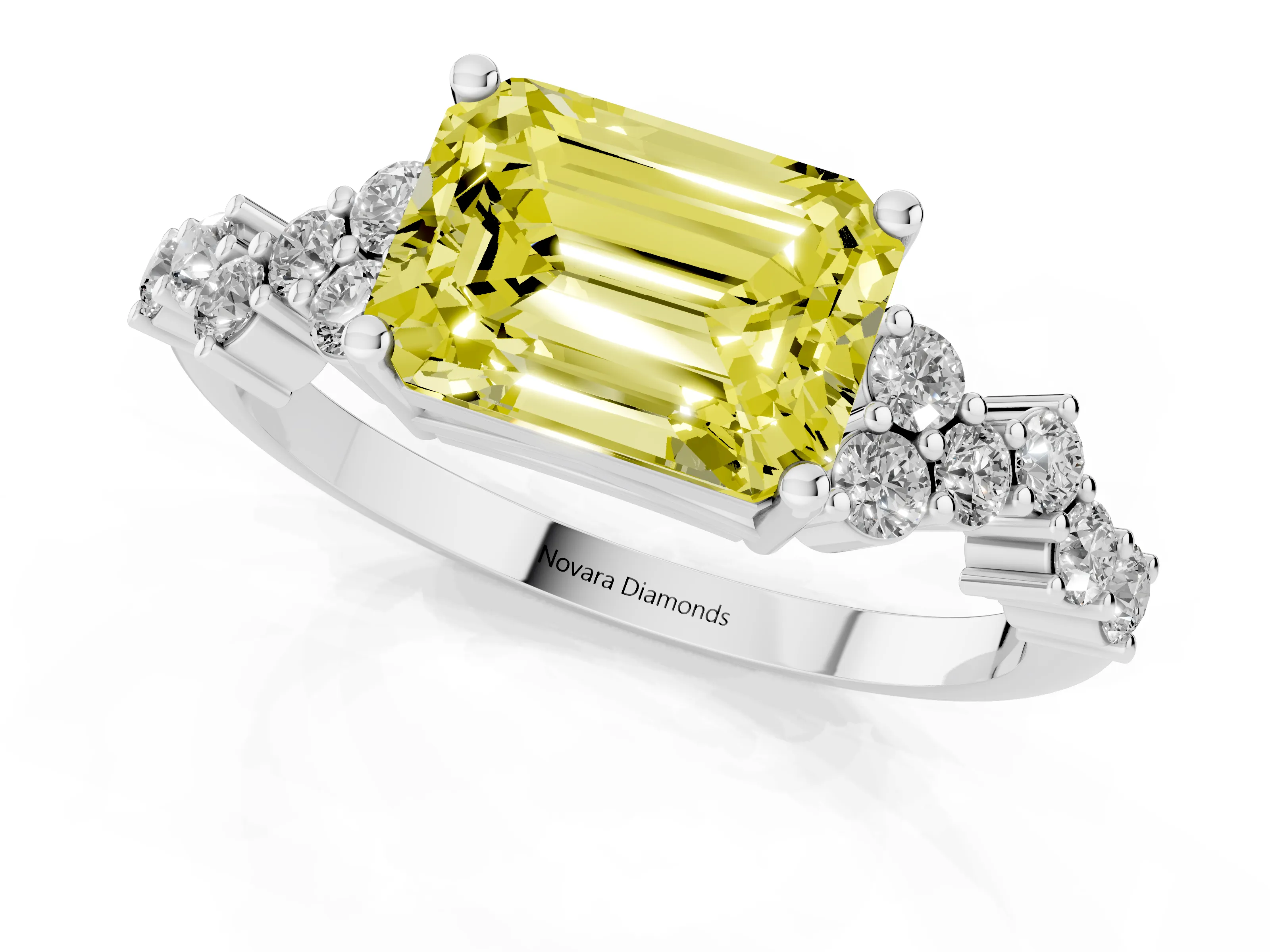 Fancy Yellow Emerald Cut Diamond Ring Set in Silver with Scattered Round Accents