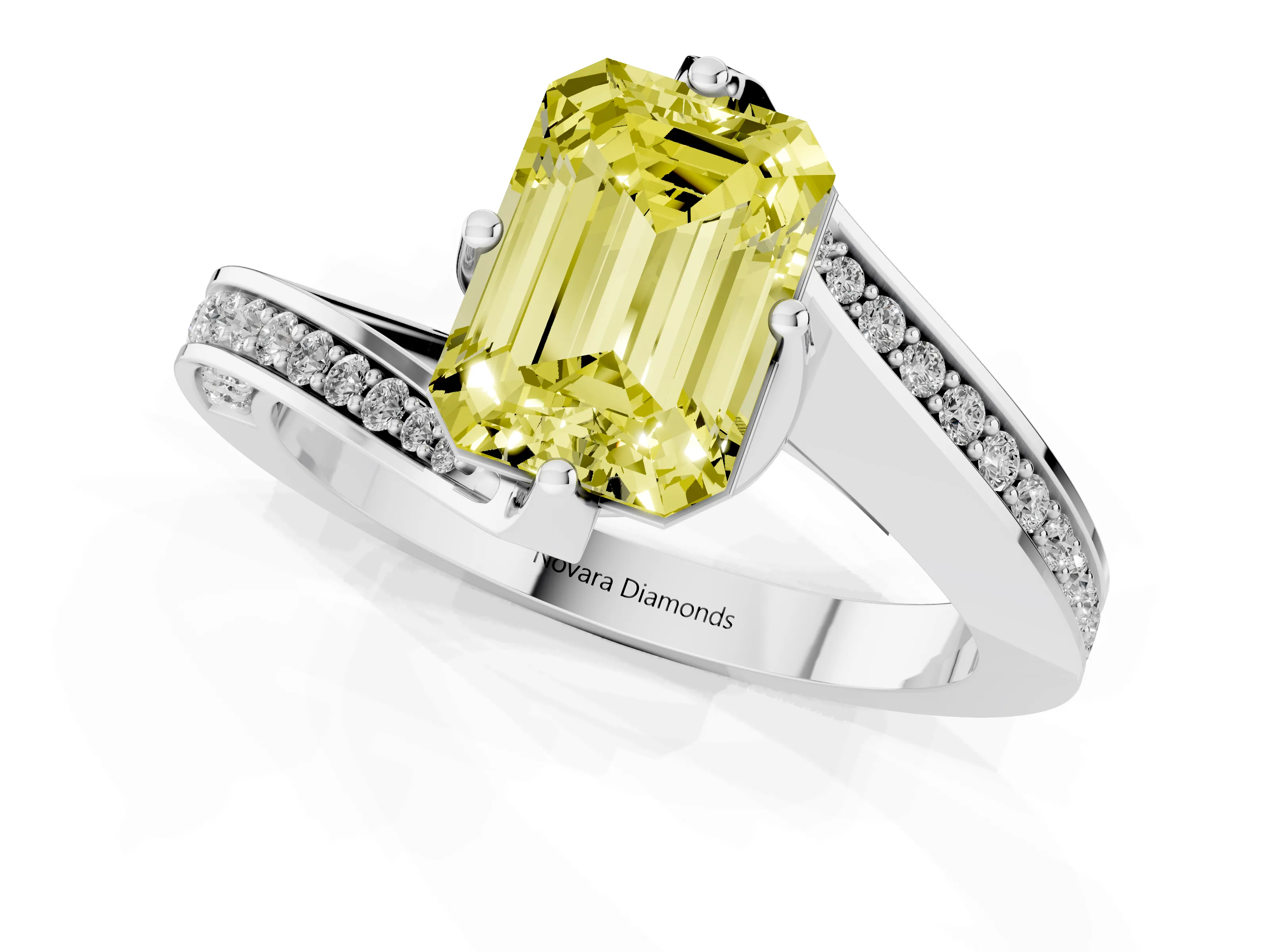 Fancy Yellow Emerald Cut Diamond Solitaire Ring Set in Silver with Intertwined Pavé Twist Band