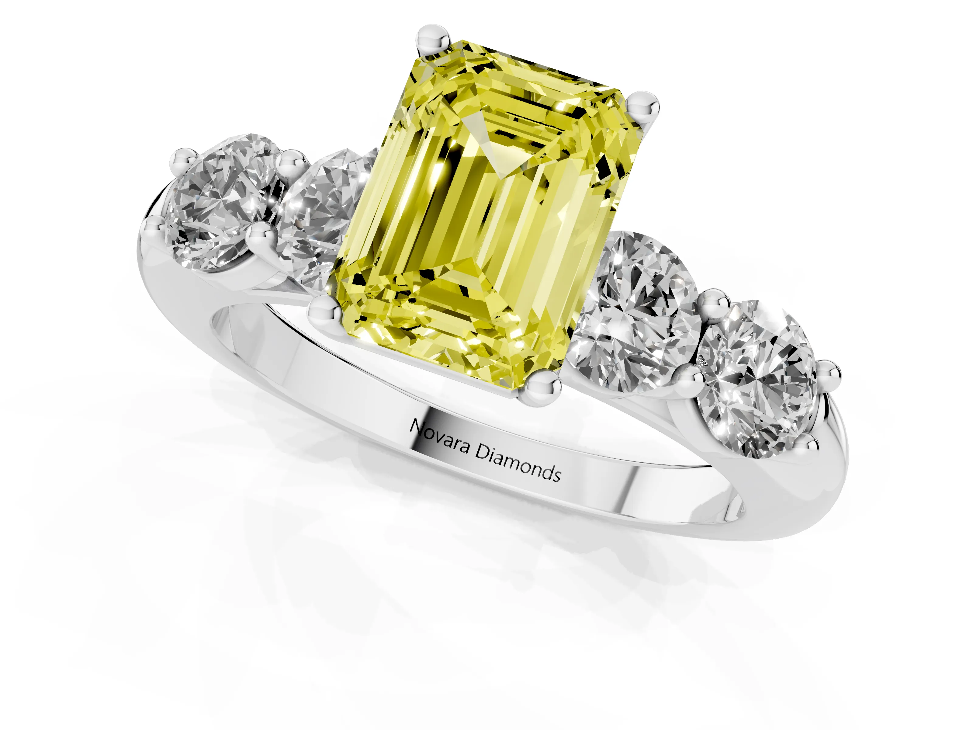 Fancy Yellow Emerald Cut Diamond Five-Stone Prong Set Ring Set in Silver with Classic Band