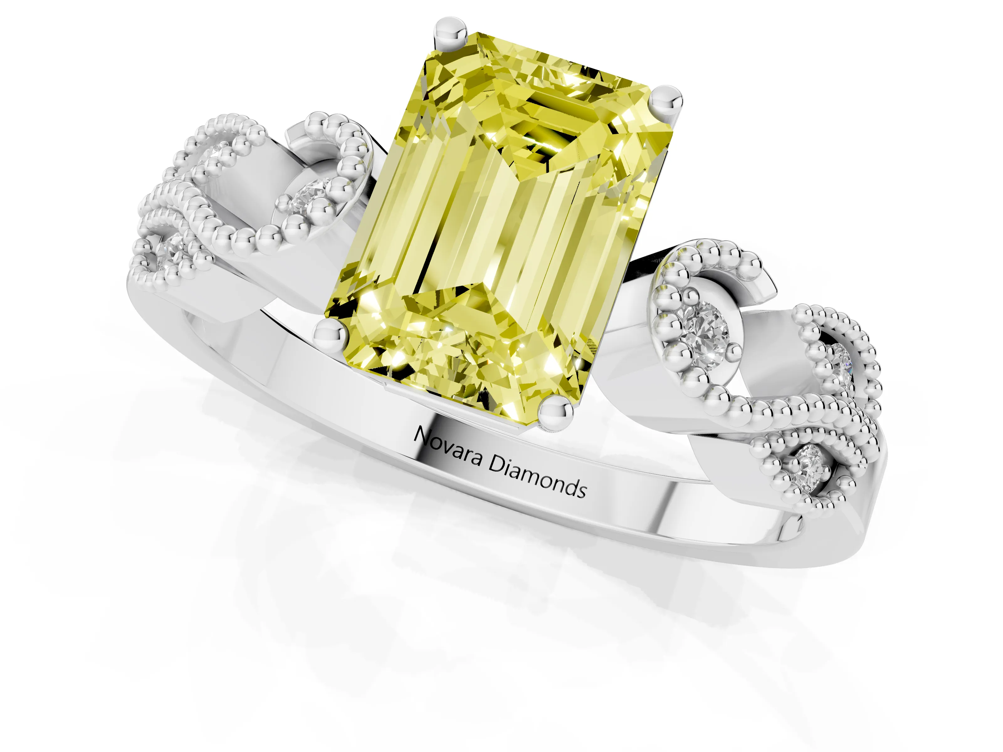 Fancy Yellow Emerald Cut Diamond Milgrain Leaf Band Solitaire Ring Set in White gold with Accent Stones and Prong Setting