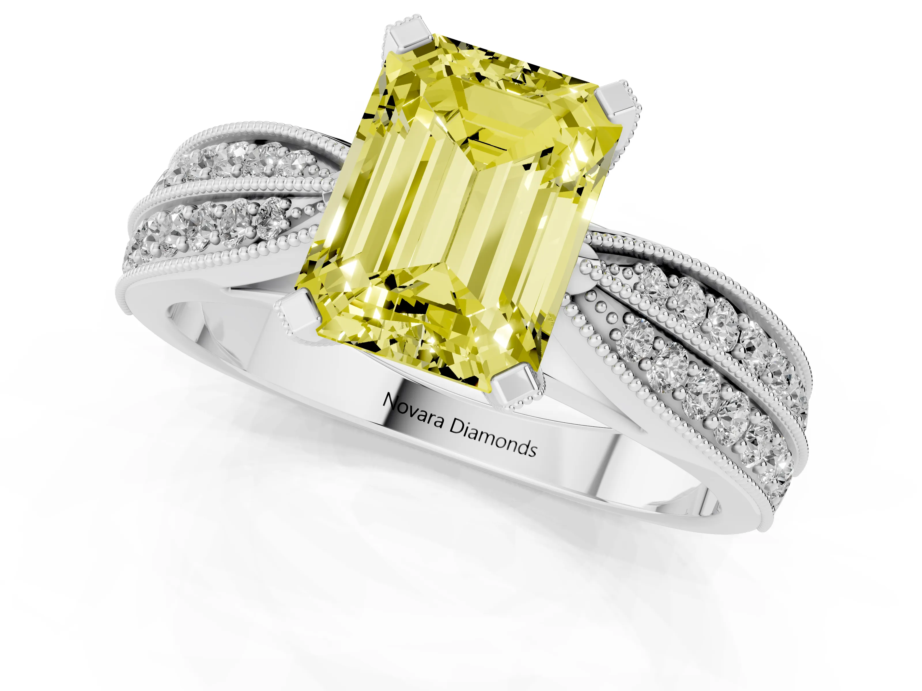 Fancy Yellow Emerald Cut Diamond Solitaire Ring Set in Platinum with Milgrain Double Row Round Pavé Band