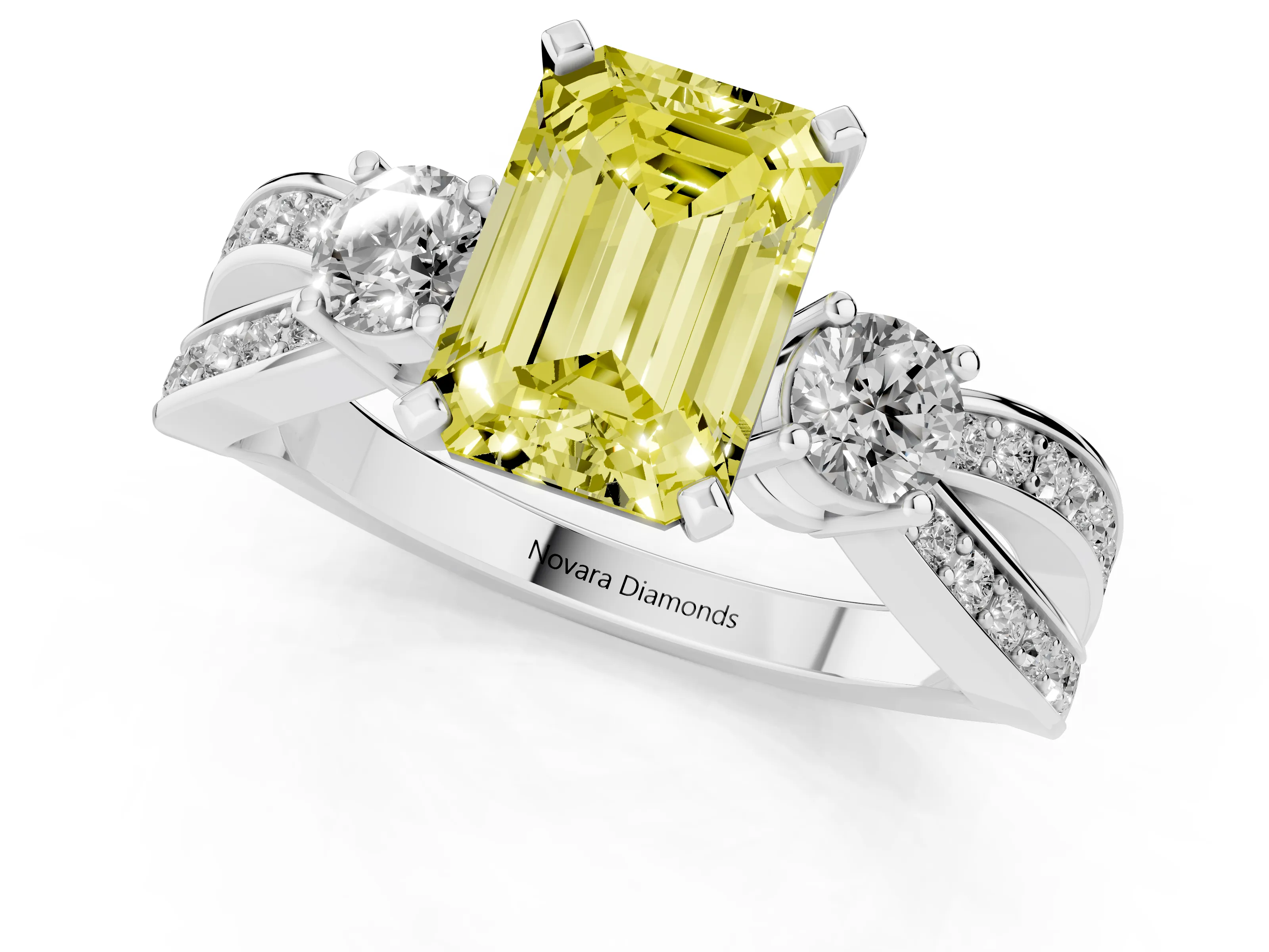 Fancy Yellow Three-Stone Emerald Cut Diamond Twist Band Ring Set in Platinum with Pavé Accents and Prong Setting