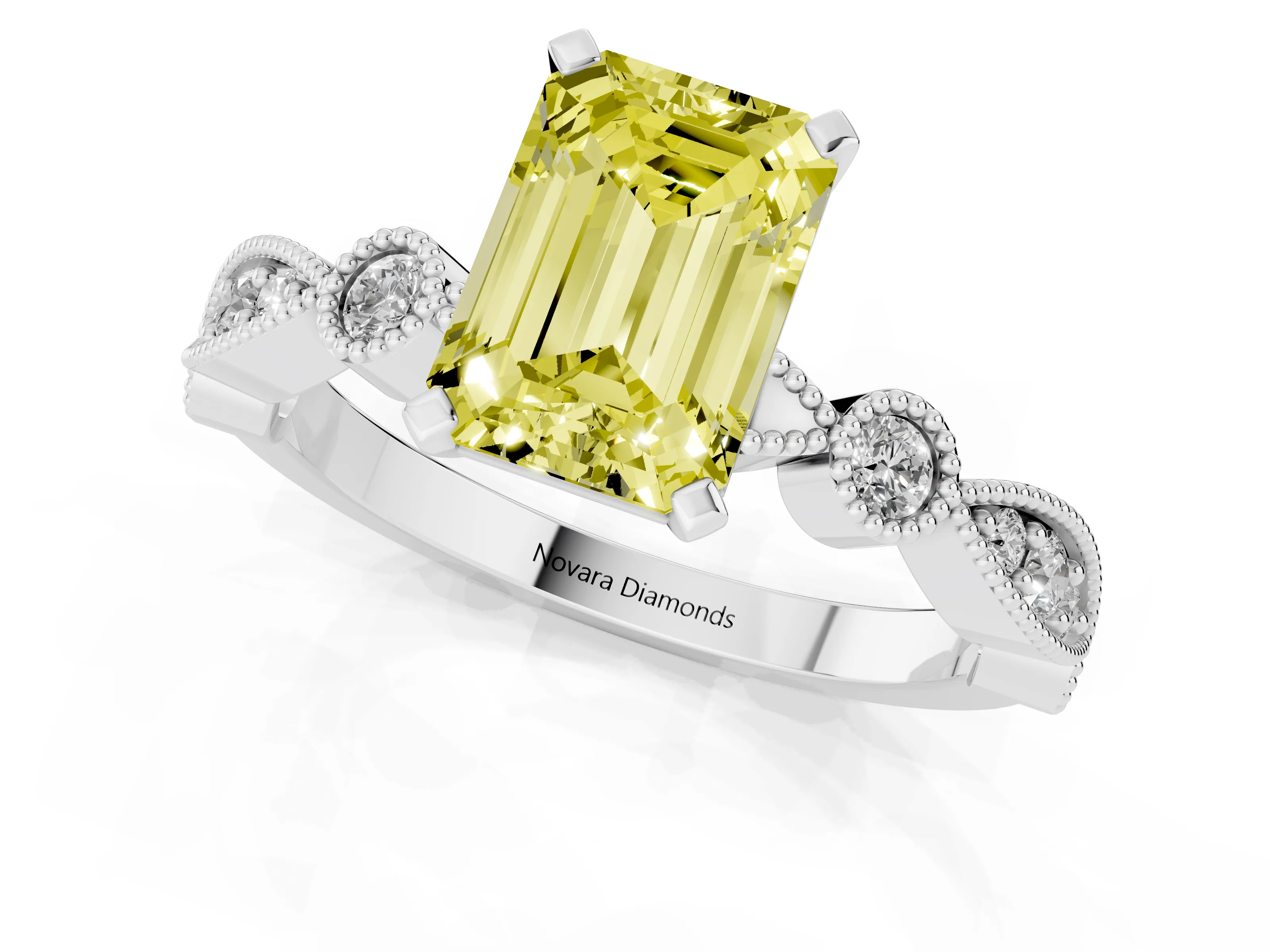 Fancy Yellow Emerald Cut Diamond Solitaire Engagement Ring Set in White gold with Milgrain Bezel Accent Band