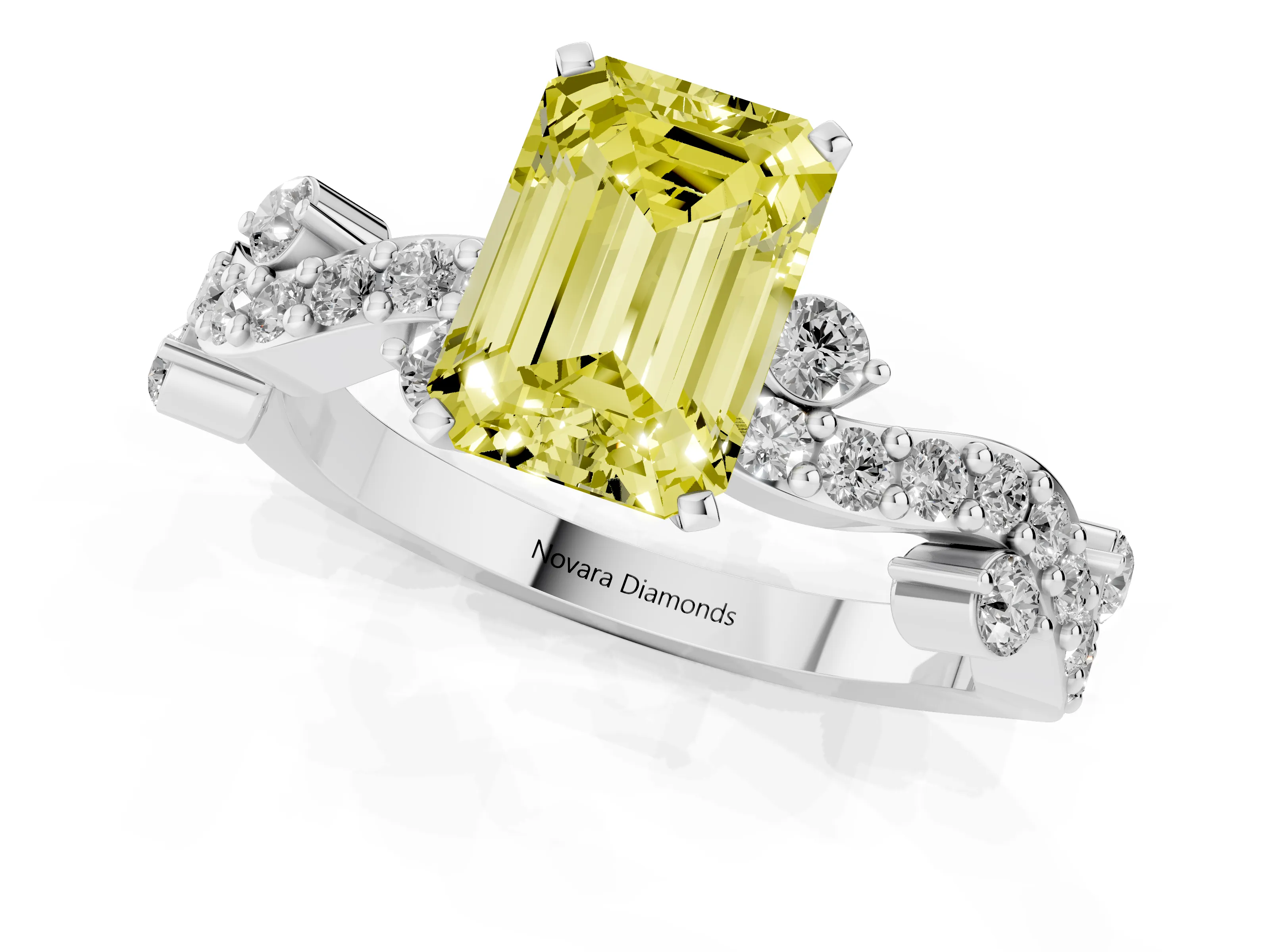 Fancy Yellow Emerald Cut Diamond Solitaire Twisted Band Set in Silver with Pavé Setting