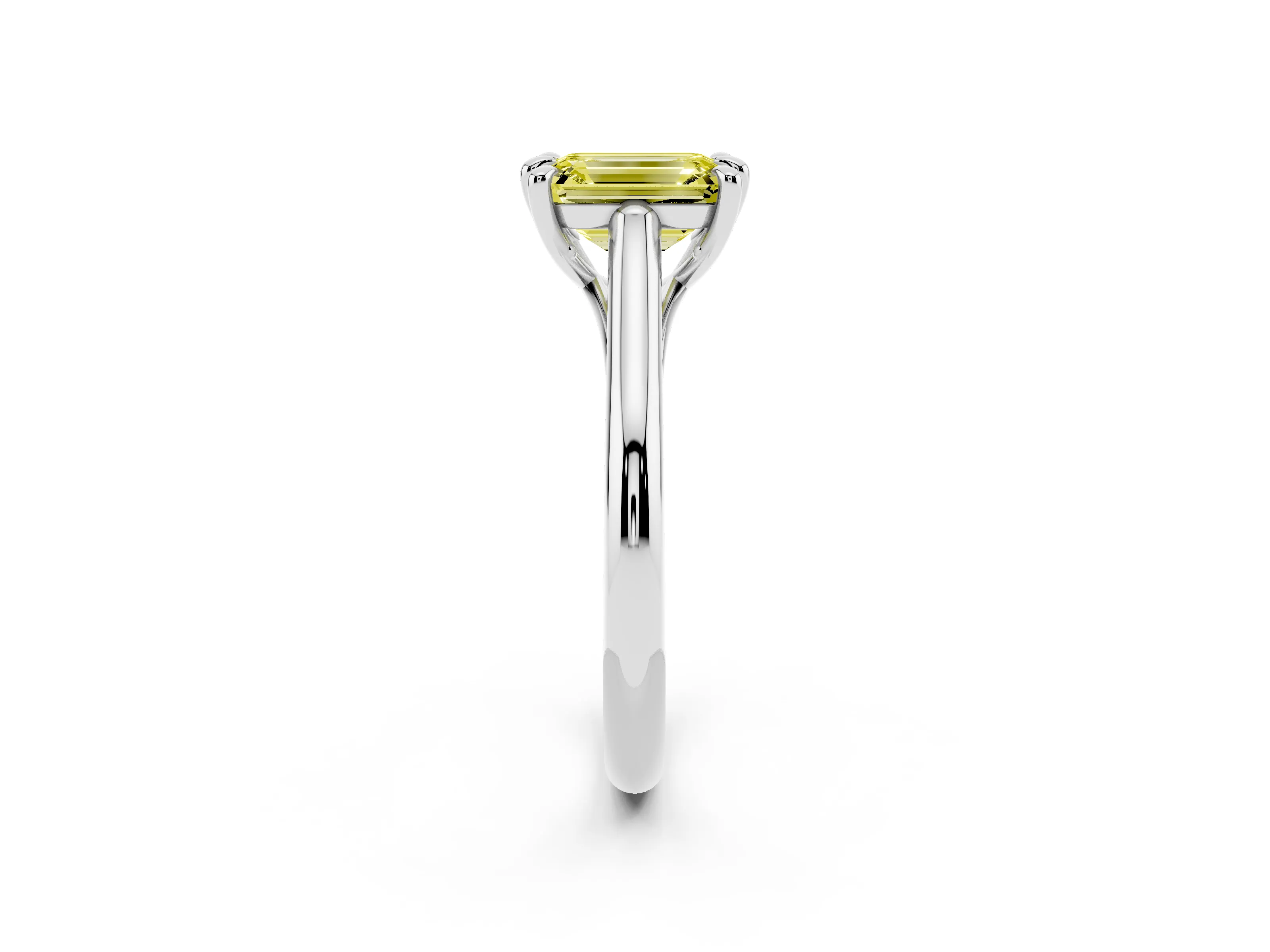 Fancy Yellow Emerald Cut Diamond Solitaire Engagement Ring Set in Platinum with Prong Setting and Plain Classic Band