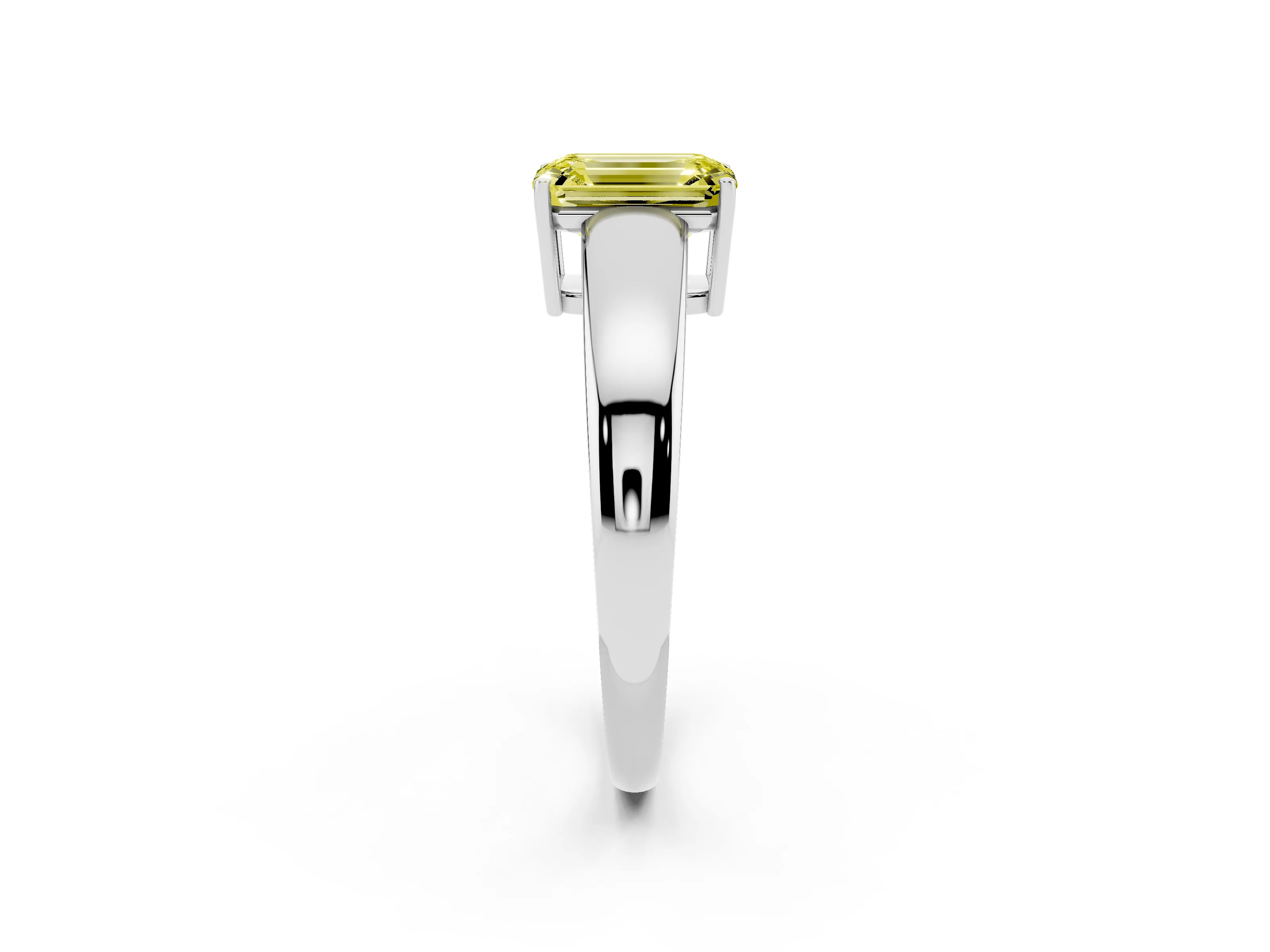 Fancy Yellow Emerald Cut Diamond Solitaire Ring Set in White gold with Tapered Band and Prong Setting
