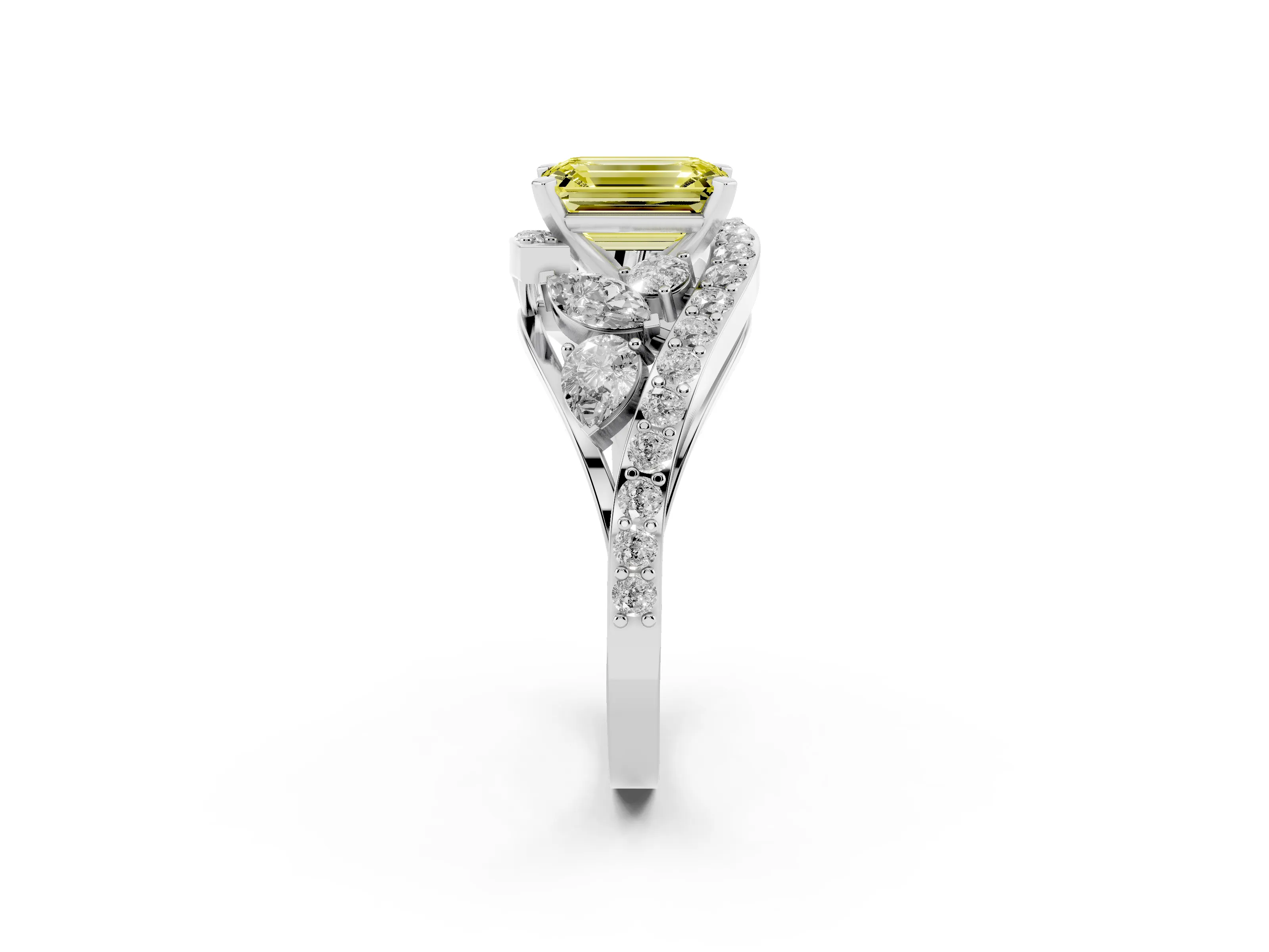 Fancy Yellow Emerald Cut Diamond Halo Ring Set in White gold with Marquise and Pavé Band in Prong Setting