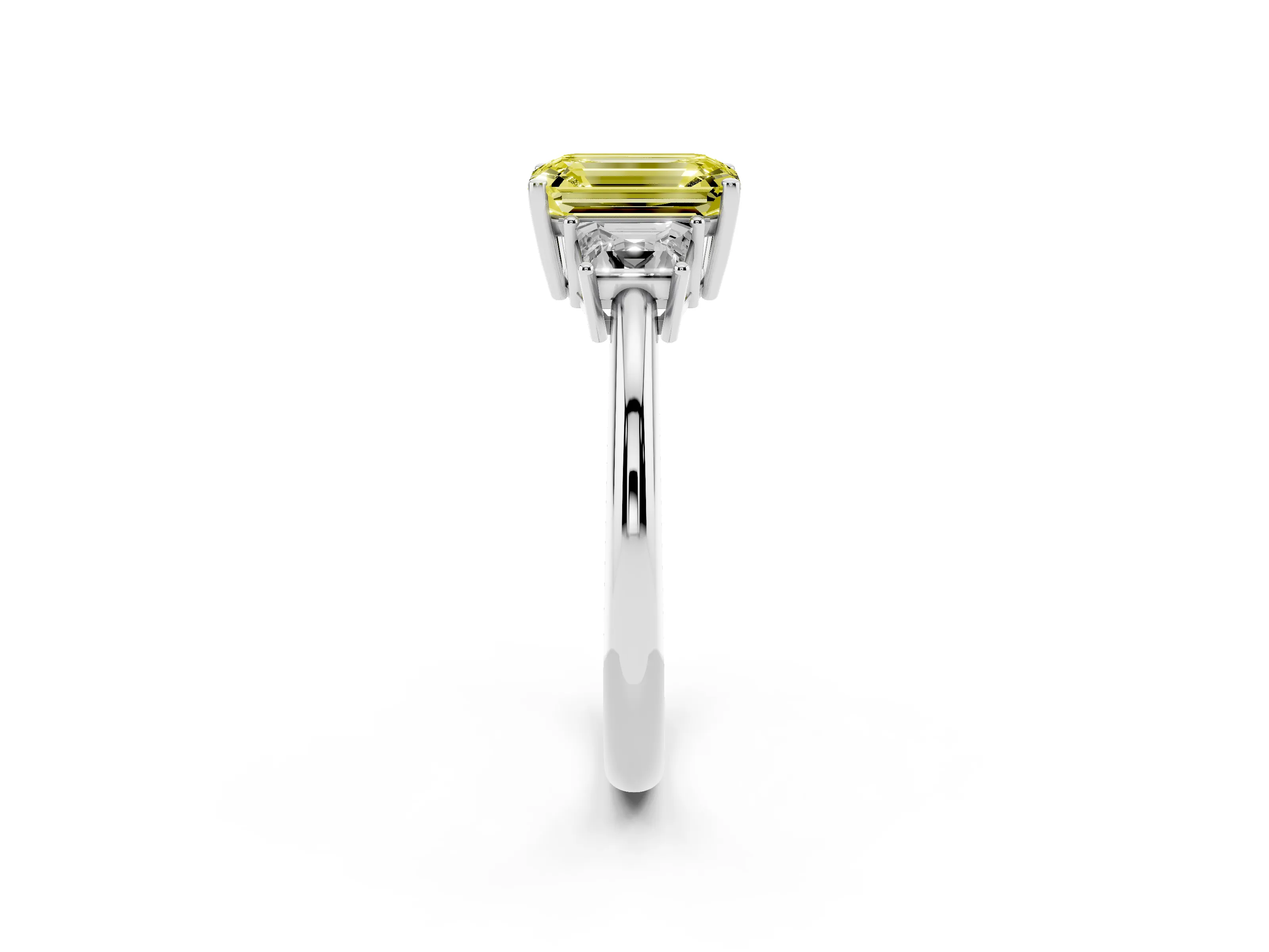 Fancy Yellow Emerald Cut Diamond Three-Stone Ring Set in Silver with Trapezoid Side Stones and Prong Setting