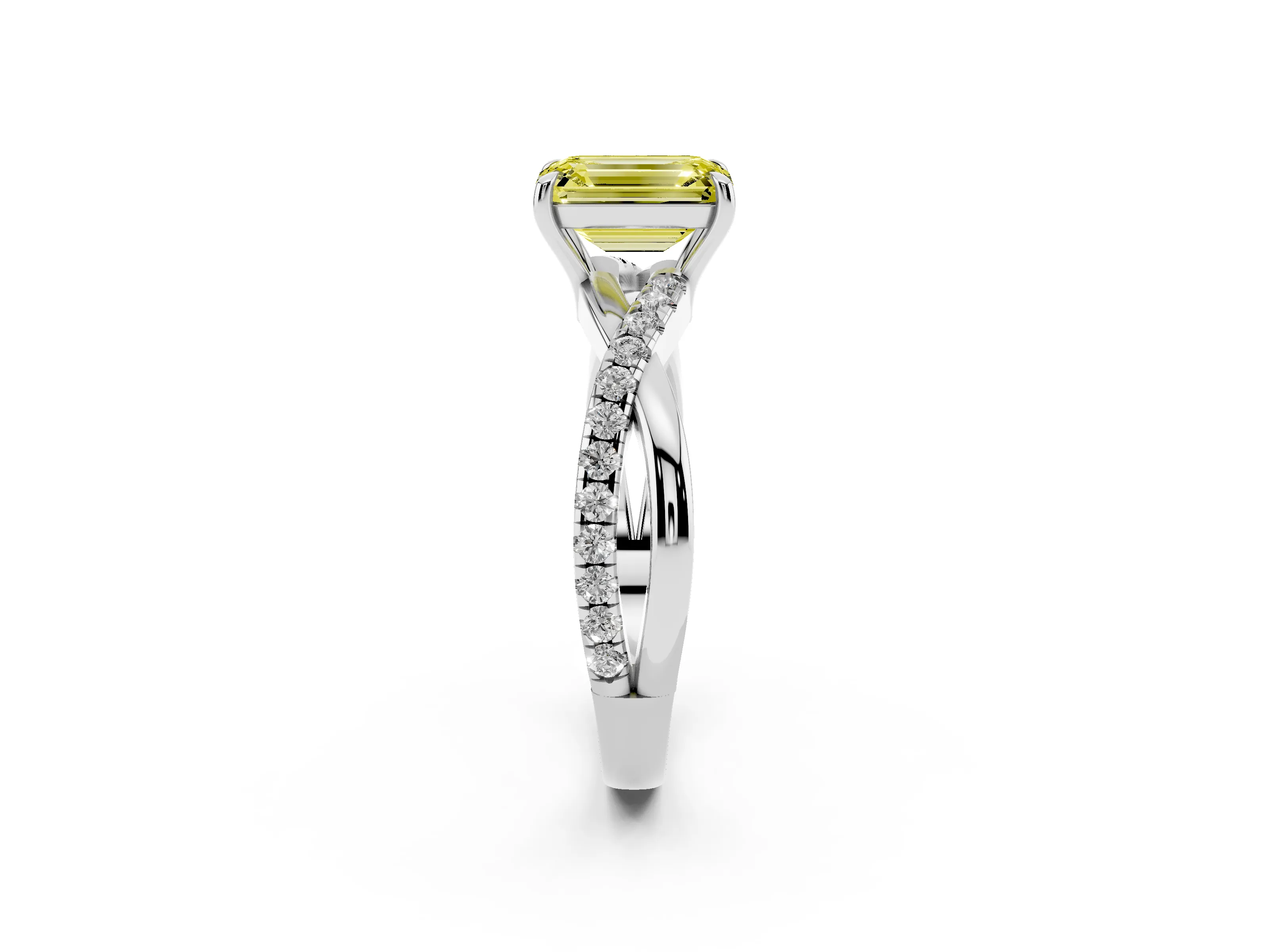 Fancy Yellow Emerald Cut Diamond Twisted Pavé Band Ring Set in Platinum with Prong Setting