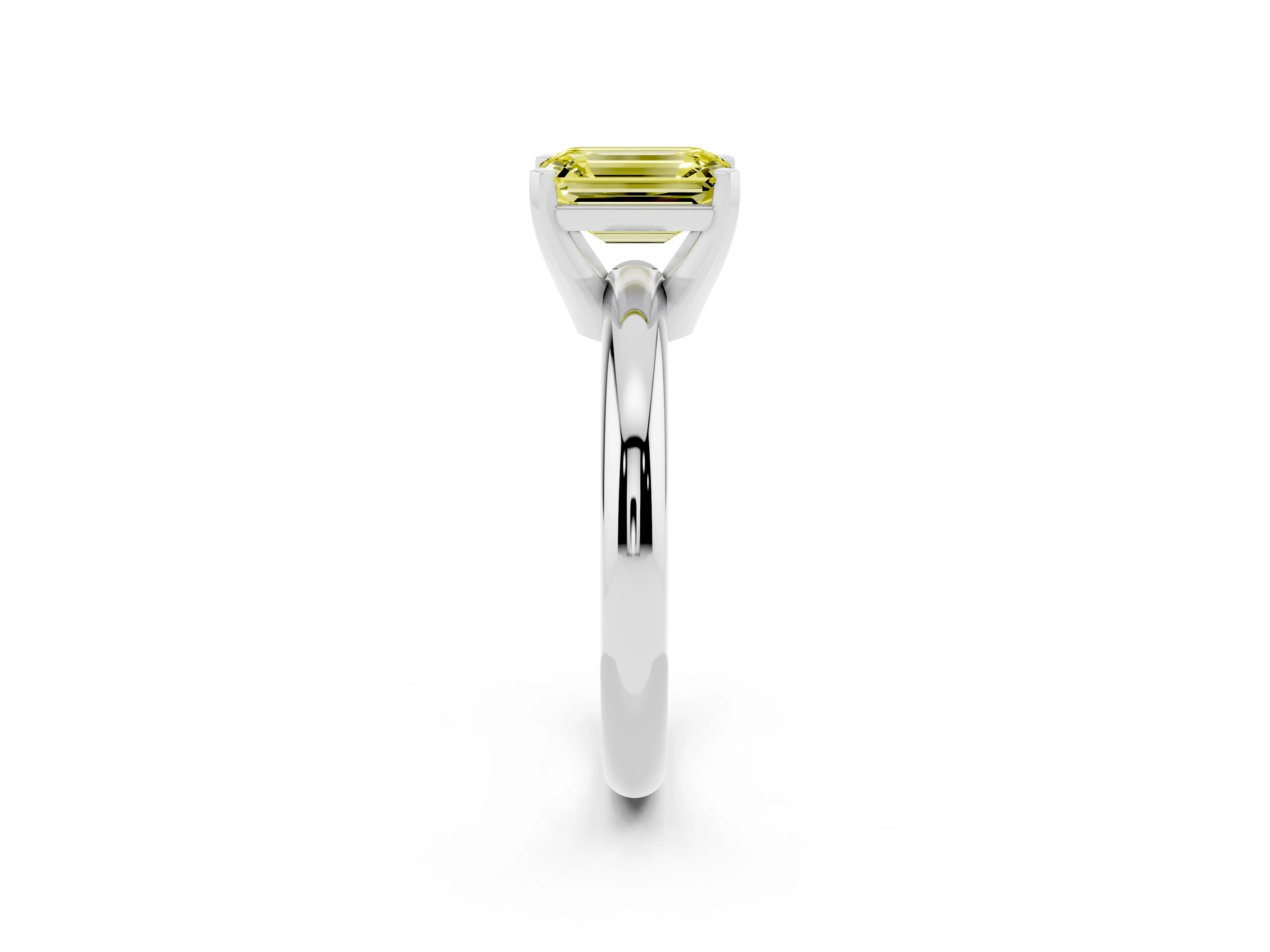 Fancy Yellow Emerald Cut Diamond Solitaire Engagement Ring Set in Platinum with Round Band and Prong Setting