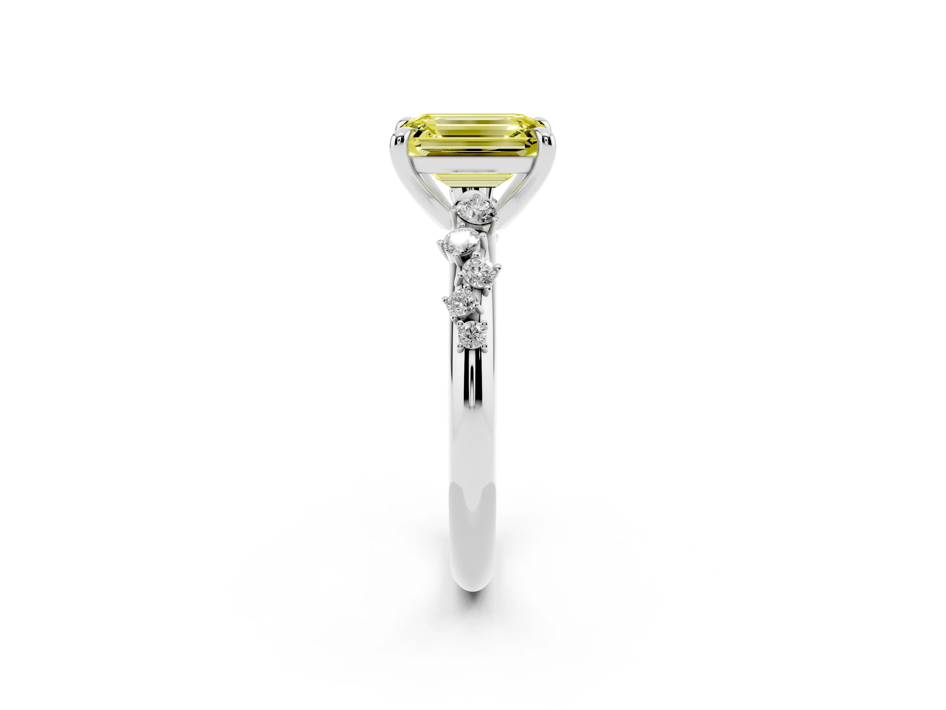 Fancy Yellow Emerald Cut Diamond Solitaire Vine Band Ring Set in White gold with Round Accents and Prong Setting