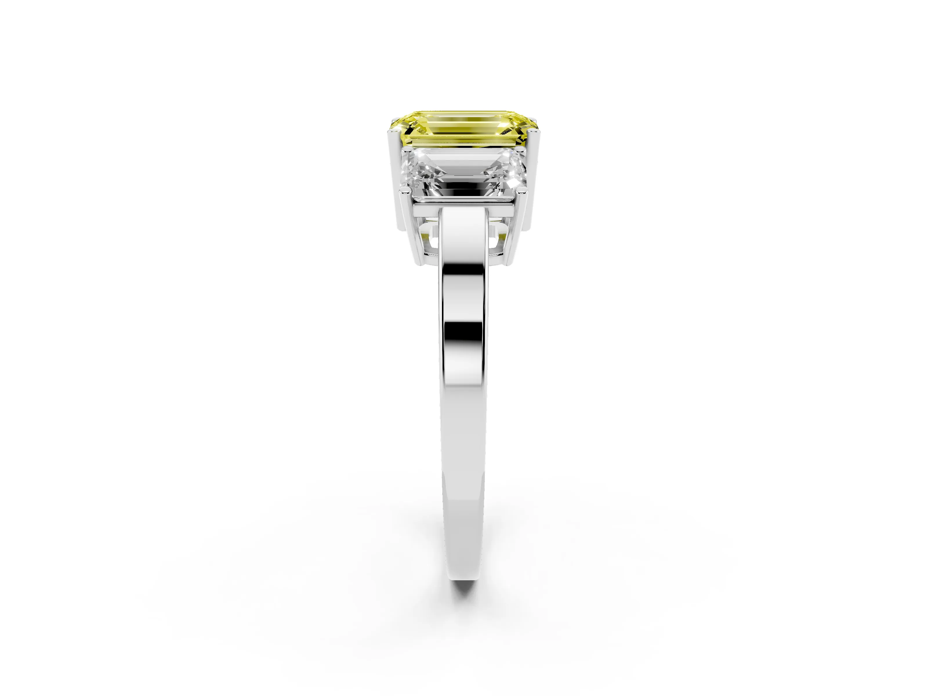 Fancy Yellow Emerald Cut Diamond Three-Stone Engagement Ring Set in Silver with Flat Band