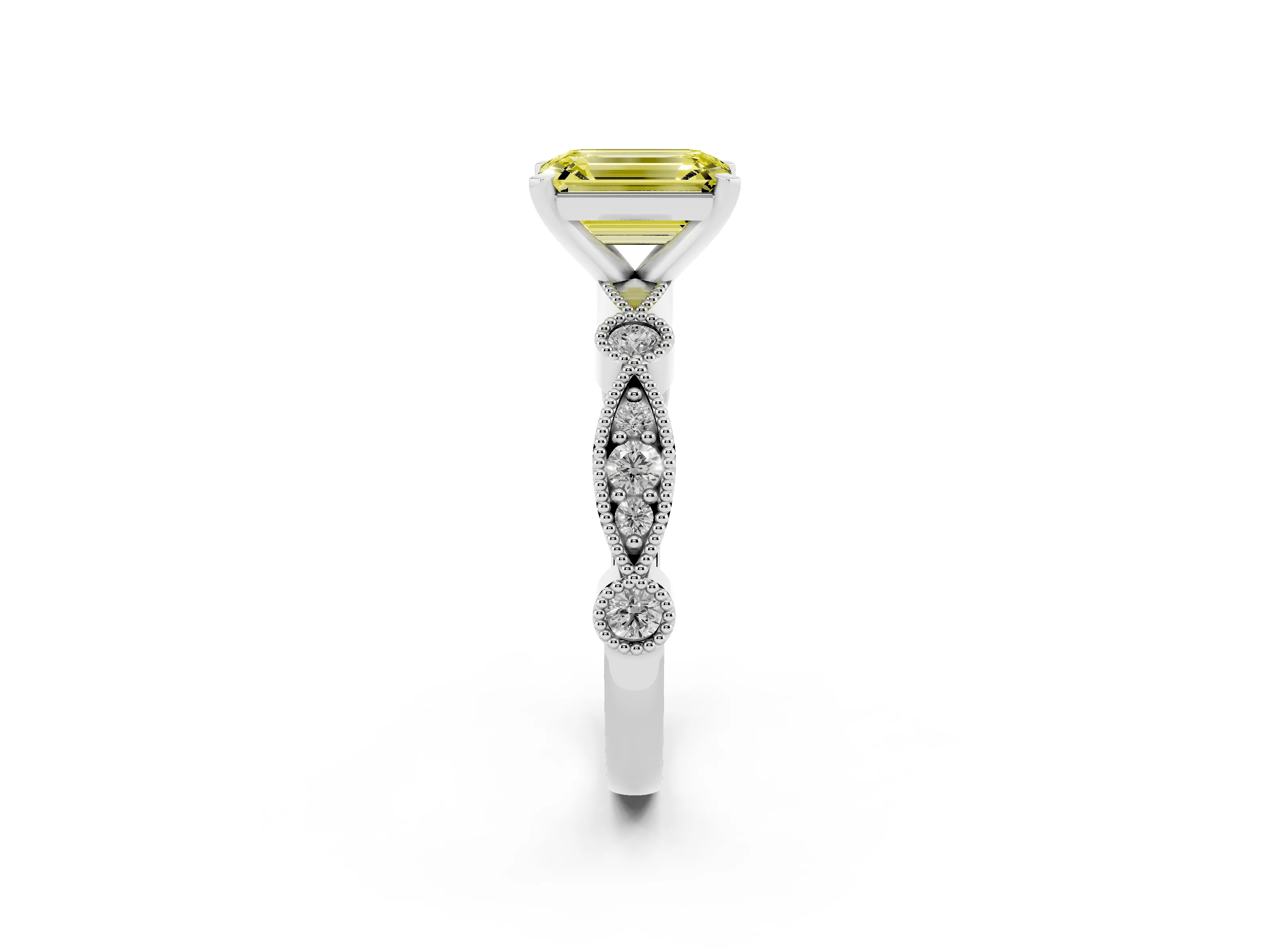 Fancy Yellow Emerald Cut Diamond Solitaire Engagement Ring Set in White gold with Milgrain Bezel Accent Band