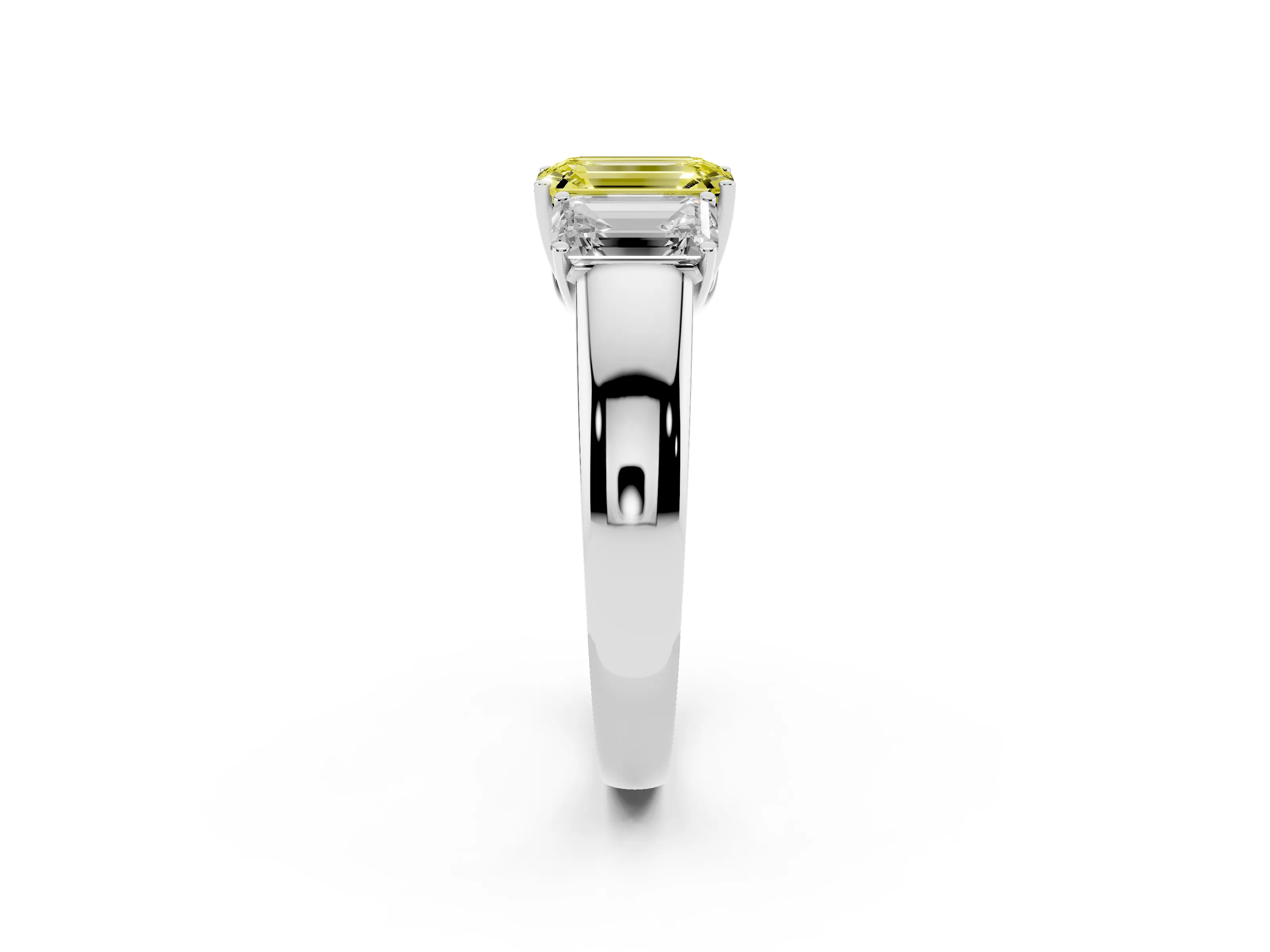 Fancy Yellow Three-Stone Emerald Cut Diamond Ring Set in White gold with Matching Prong Settings and Plain Band