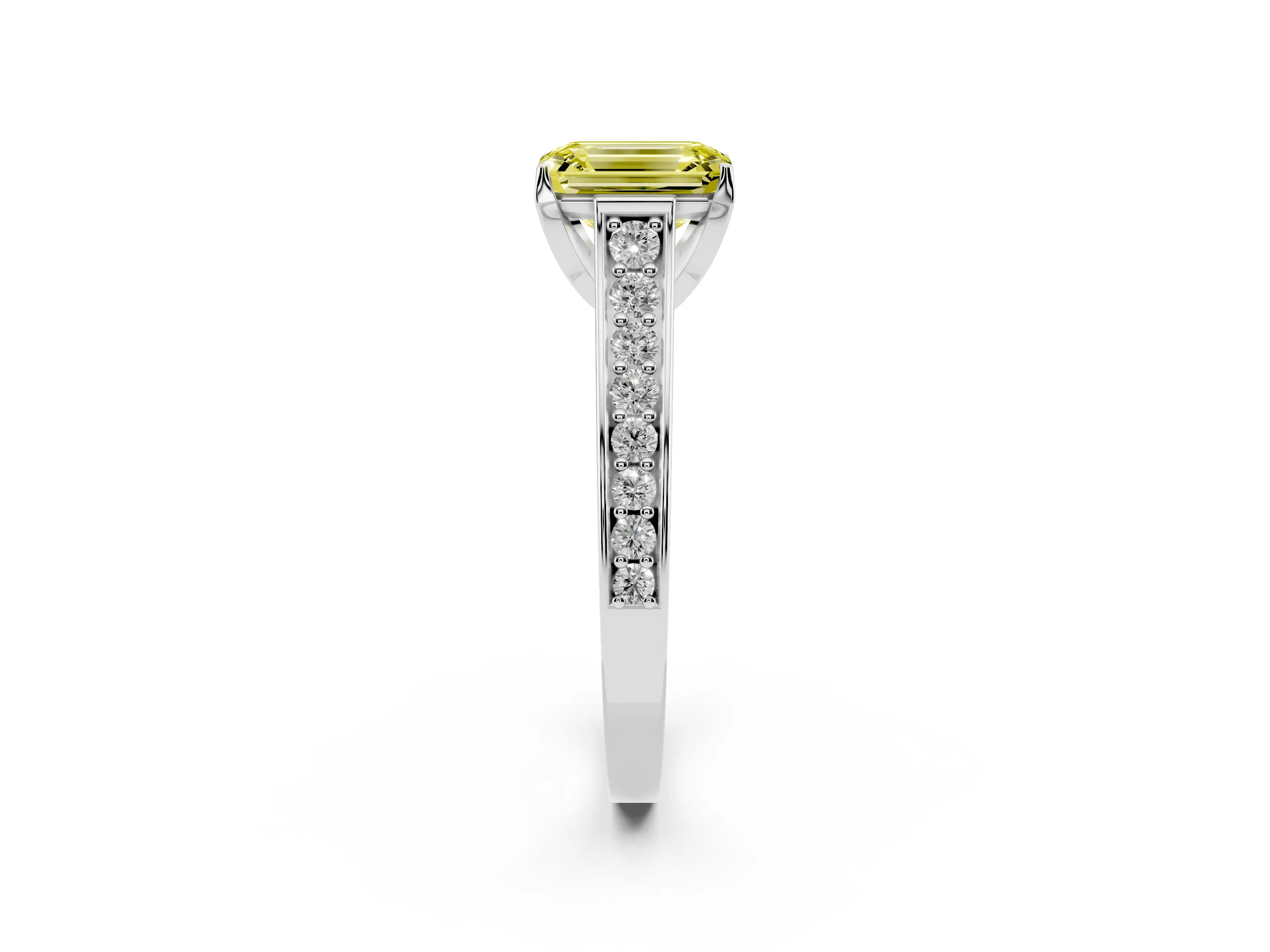 Fancy Yellow Emerald Cut Diamond Solitaire Pavé Engagement Ring Set in Silver with Prong Setting