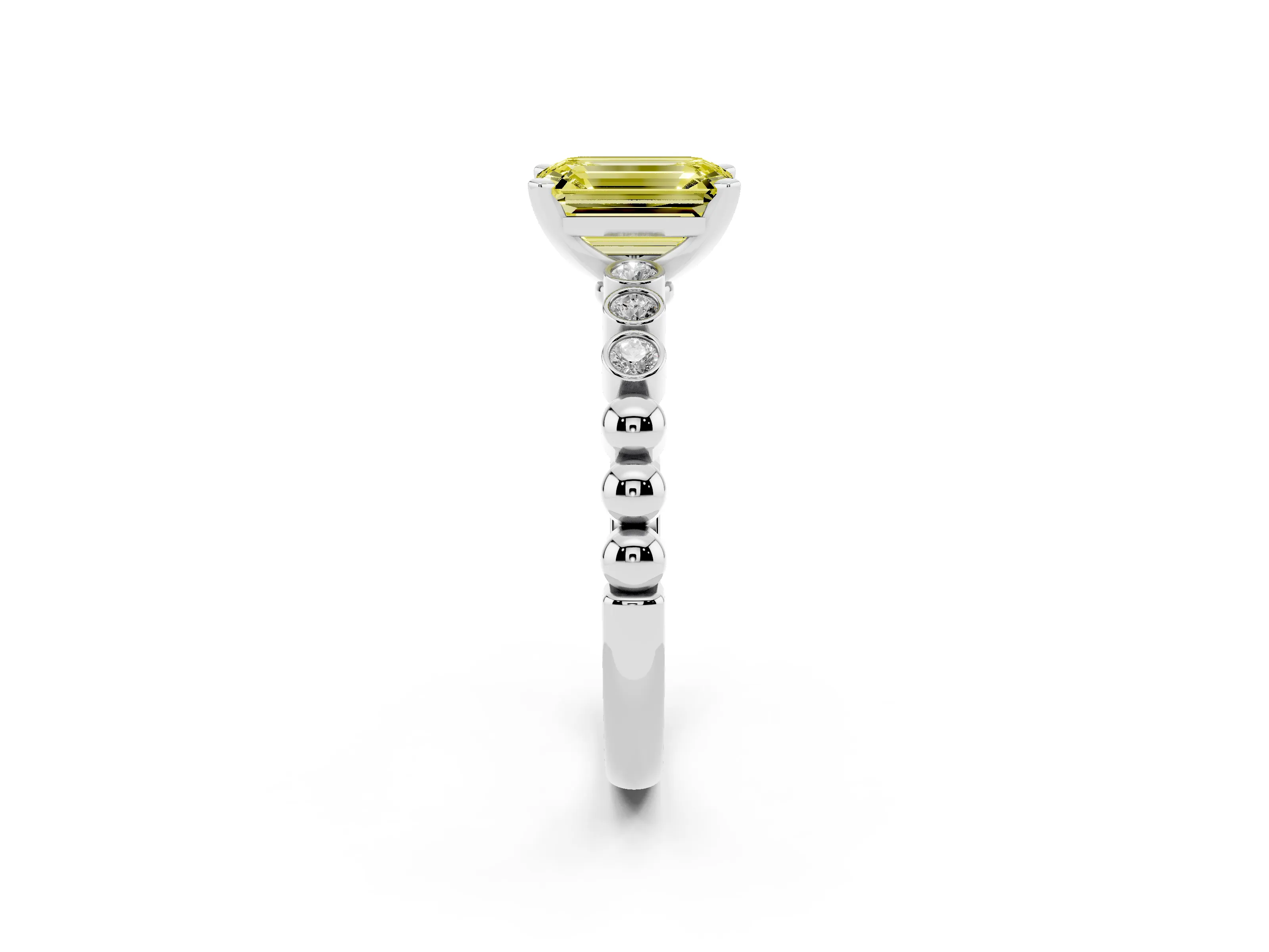 Fancy Yellow Emerald Cut Diamond Solitaire Engagement Ring Set in Silver with Bezel Accents on Beaded Band