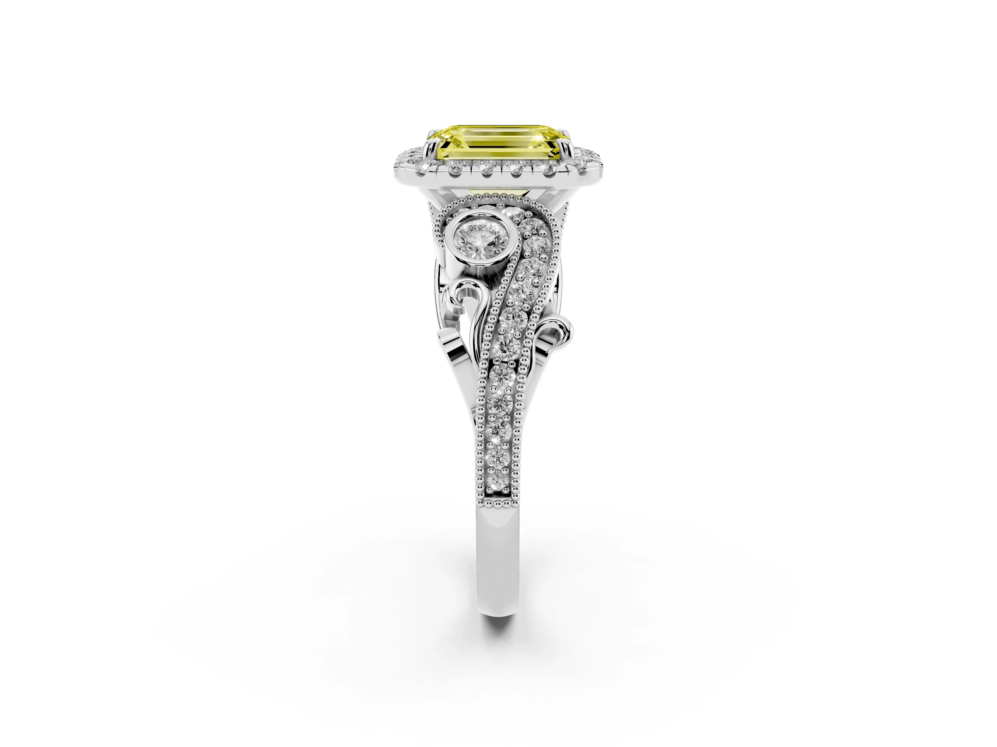 Fancy Yellow Emerald Cut Diamond Halo Ring Set in Silver with Milgrain Pavé Band and Prong Setting