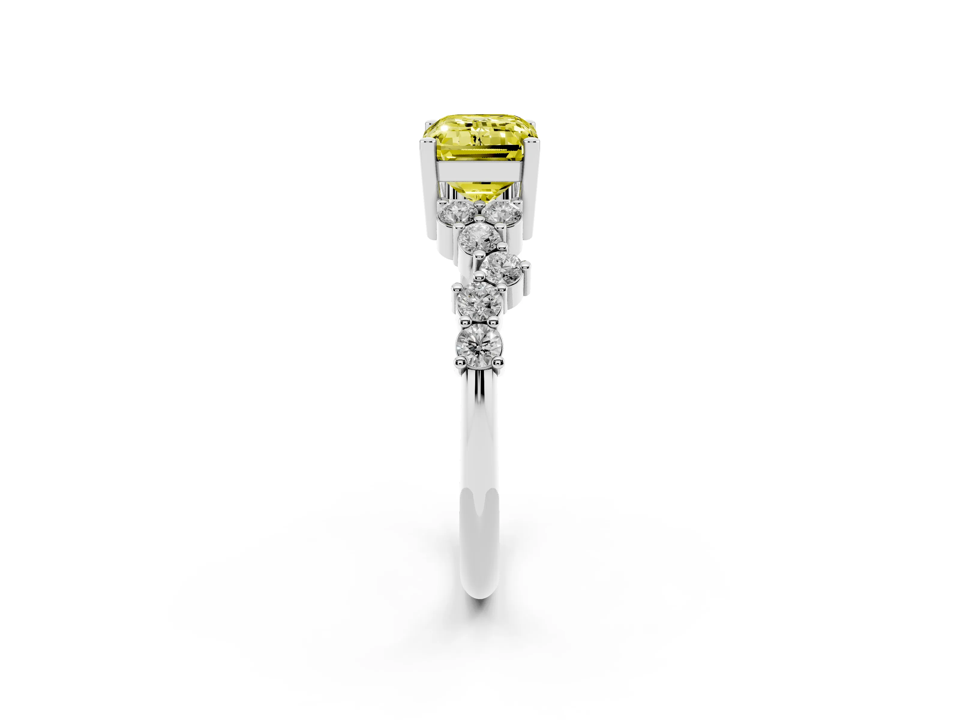 Fancy Yellow Emerald Cut Diamond Ring Set in Silver with Scattered Round Accents