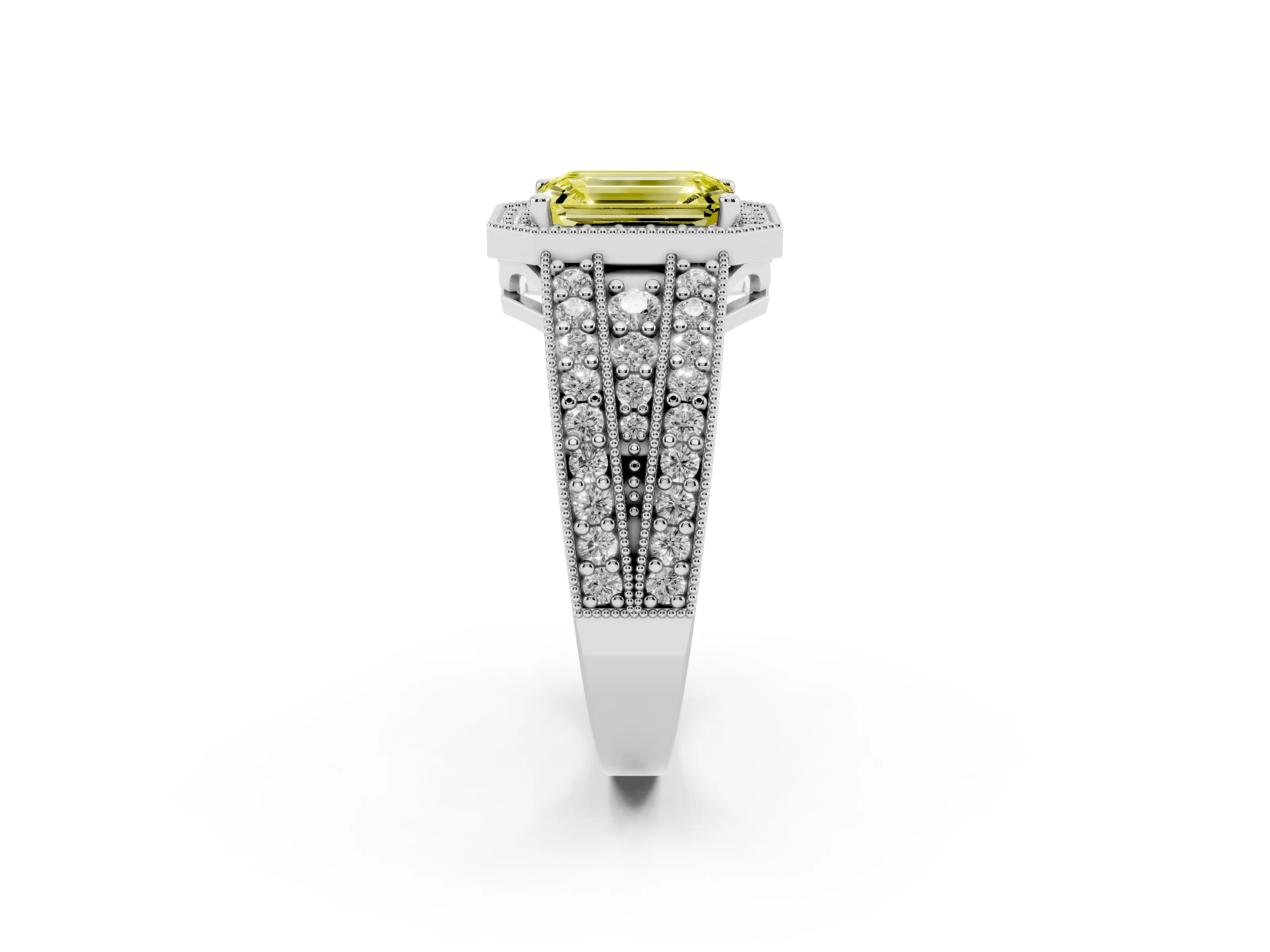 Fancy Yellow Emerald Cut Diamond Halo Ring Set in Platinum with Accent Split Shank and Prong Setting