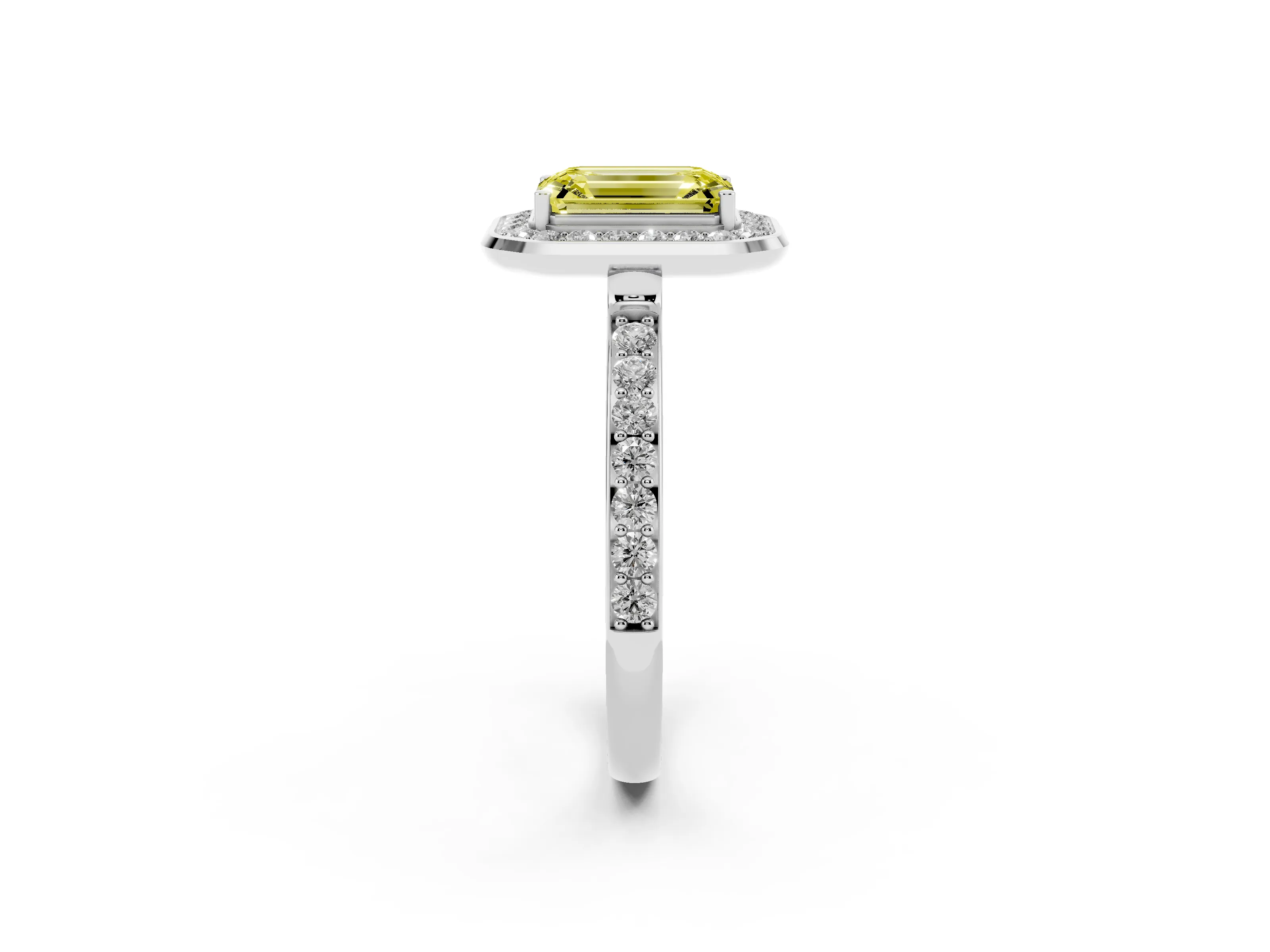 Fancy Yellow Emerald Cut Diamond Halo Ring Set in Silver with Bezel Frame and Pavé Band