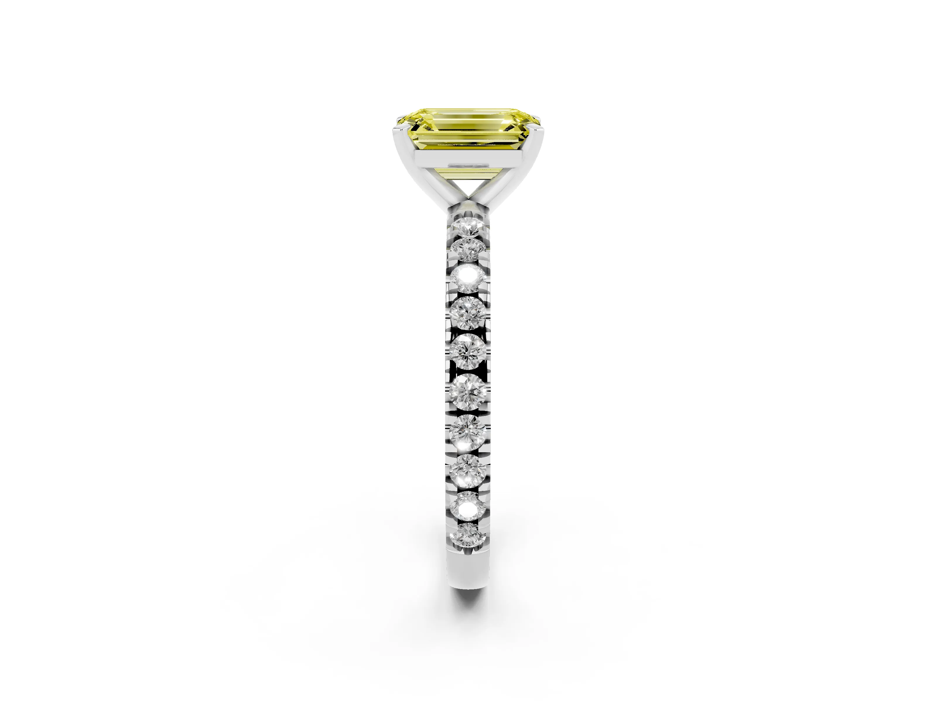 Fancy Yellow Emerald Cut Diamond Pavé Band Solitaire Set in Platinum with Prong Setting