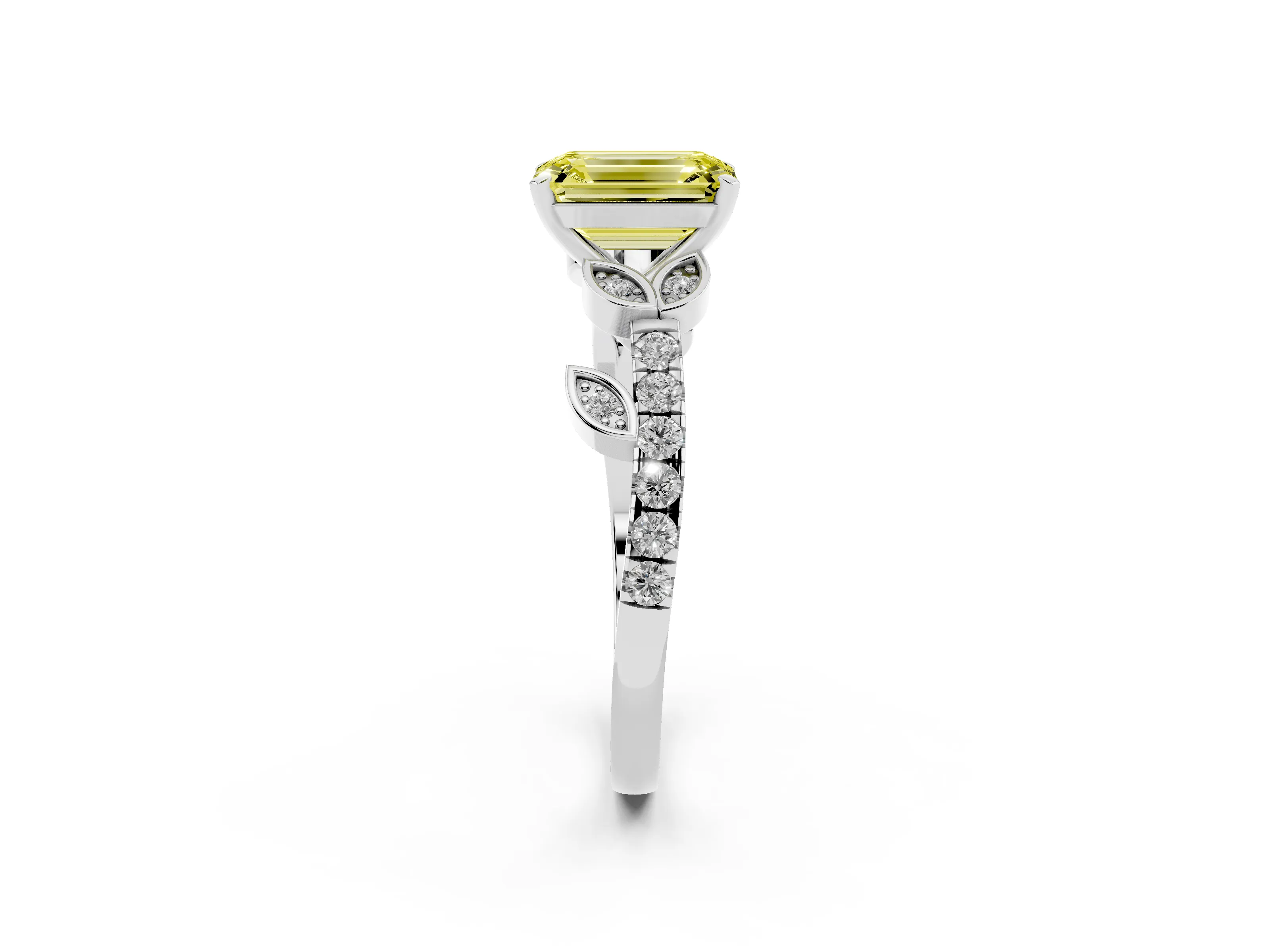 Fancy Yellow Emerald Cut Diamond Solitaire Leaf-Inspired Ring Set in Silver with Pavé Band and Prong Setting